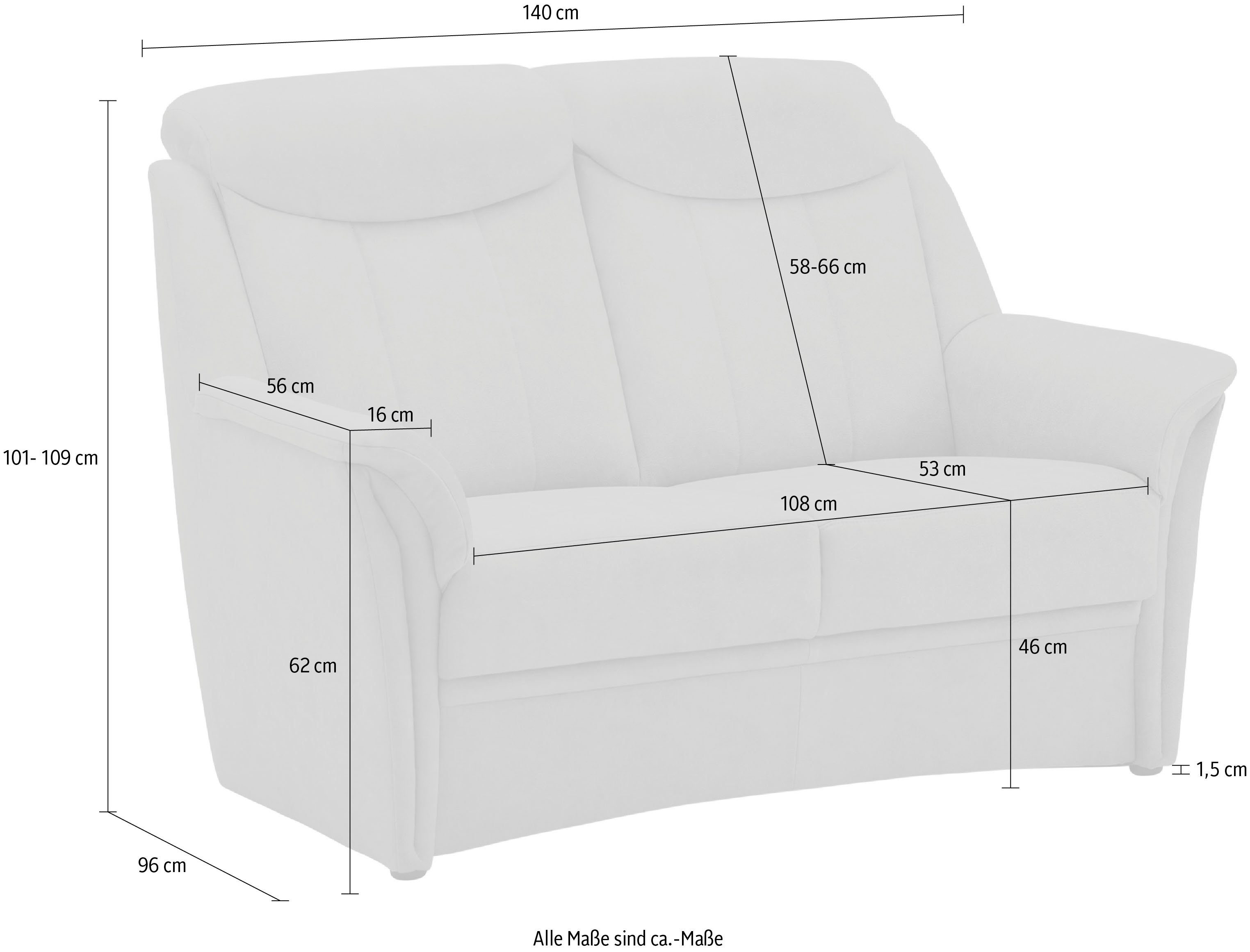 VILLA BECK 2-Sitzer Lugano, 1 Sitzhöhe in 46 Teile, inklusive Kopfteilverstellung cm und