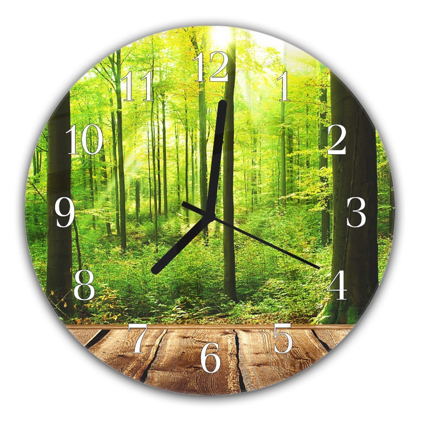 Primedeco Wanduhr Wanduhr aus Glas mit Motiv Wald mit Holzboden - Rund mit Durchmesser 30 cm und Quarzuhrwerk