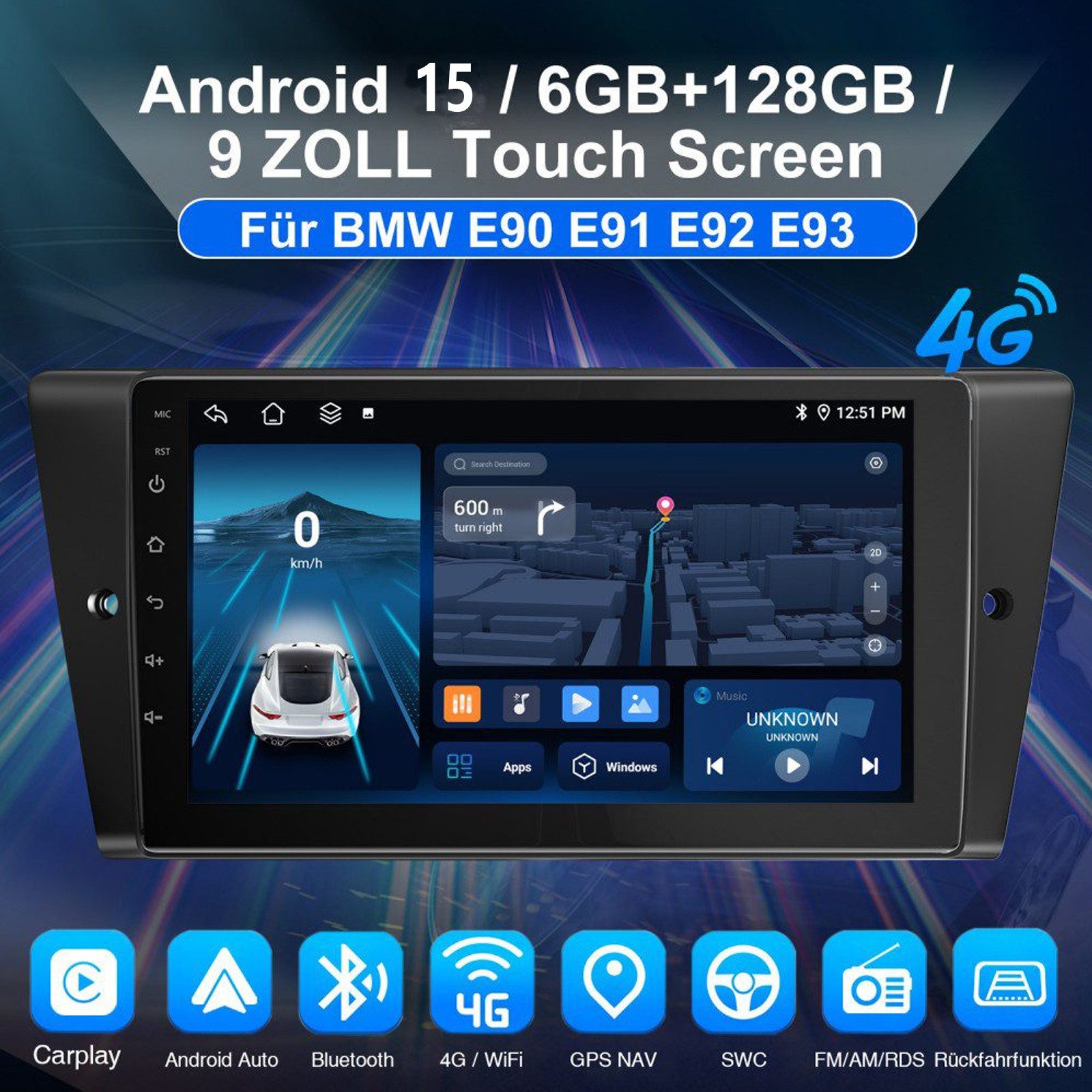 ESSGOO 6+128G Für BMW 3er E90 E91 E92 E93 Android 15 Carplay GPS Navi WIFI Autoradio (RDS, 6GB+128GB, FM, AM, DAB+ (optional), Apple Carplay & Android Auto,Touchscreen Bluetooth,RDS)