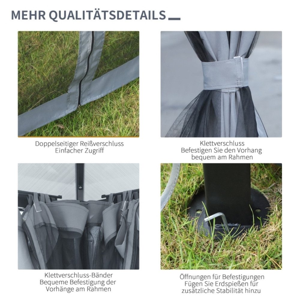 CHICFURN Pavillon Gartenüberdachung mit Polycarbonatdach und Alugestell, (Packung), Mit Vorhängen und Fliegennetz, geeignet für Terrasse, 3x3 m, Grau