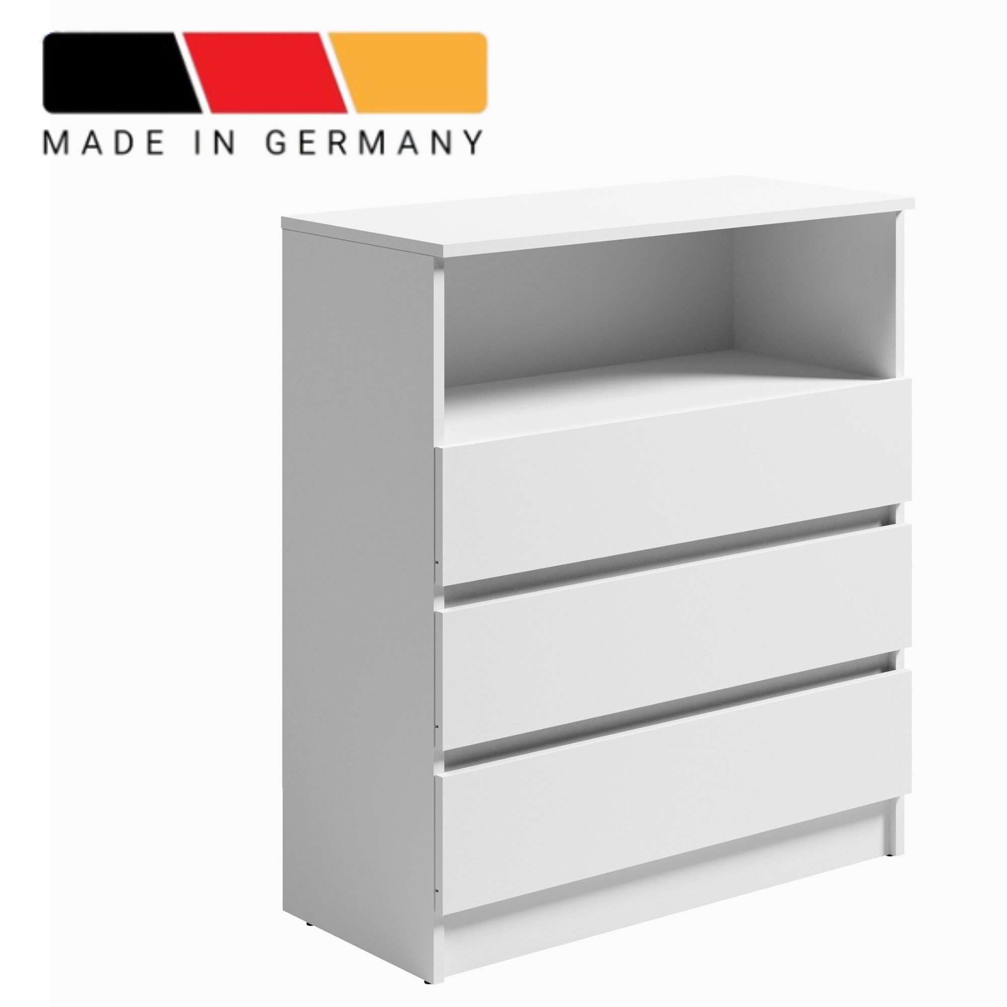 Home Collective Kommode Sideboard mit 3 Schubladen u. offenem Fach Schubladenschrank (Highboard Anrichte Schlafzimmer Wohnzimmer Flur Büro Organizer), Kommode 76 cm breit 3 Schubladen & 1 offenes Fach, weiß