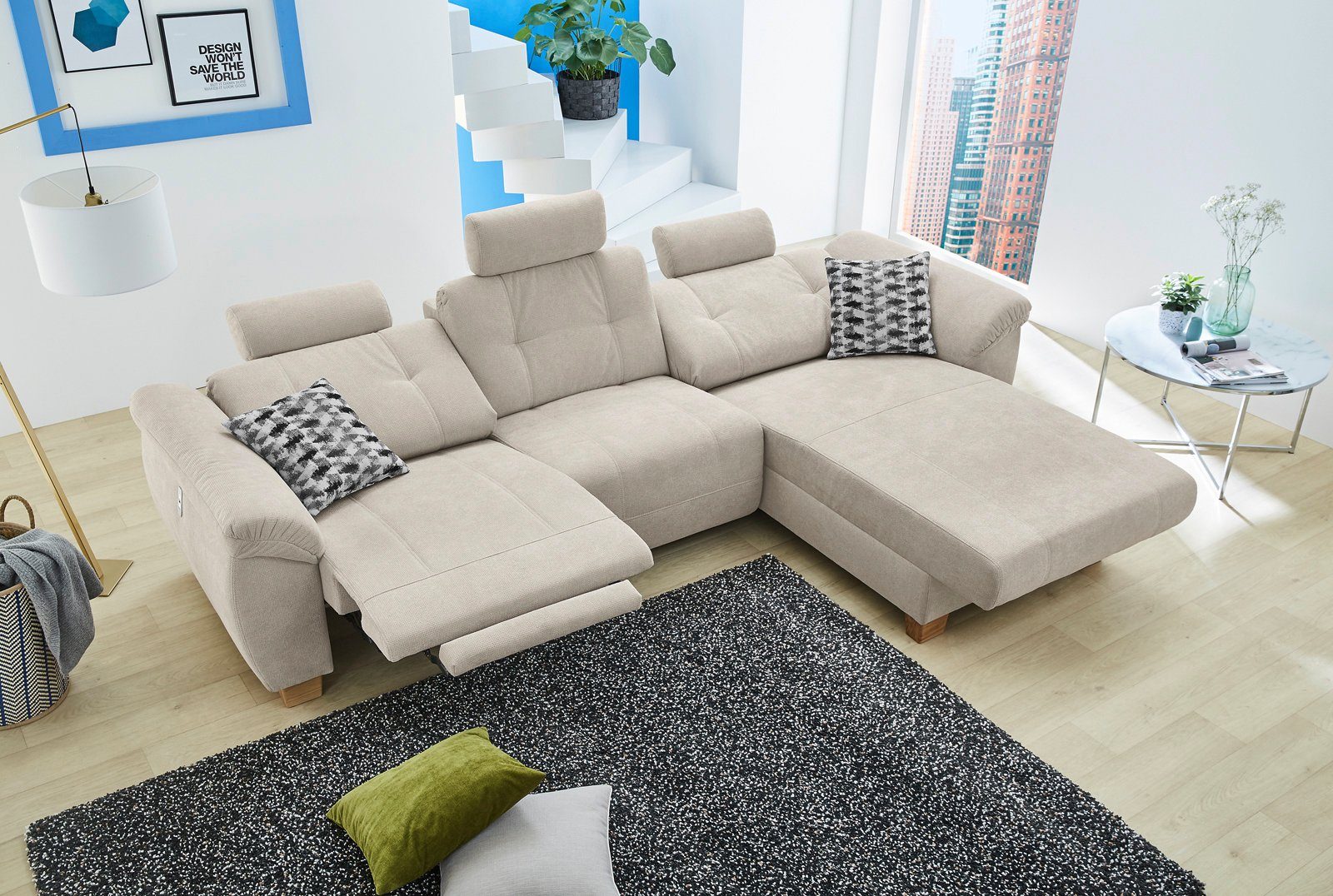 Jockenhöfer Gruppe Ecksofa Savona L-Form, B: 299 cm, mit elektr. Relaxfunktion, USB, 2 Zierkissen & 3 Kopfstützen