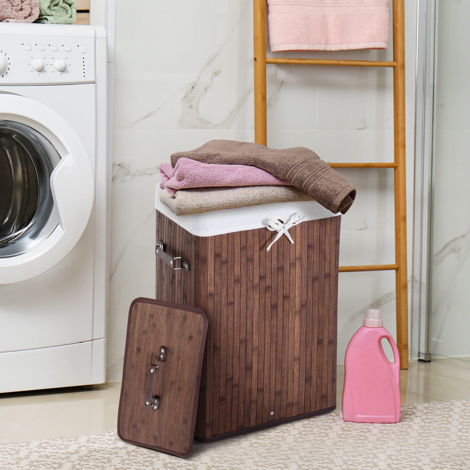 HOMCOM Wäschekorb schmal Wäschesammler mit Griff, für Schlafzimmer & Bad, Schwarz (Wäschekorb, 1 St., Wäschebox), Bambus, faltbar, 72L, Dunkelbraun, 40 x 30 x 60 cm