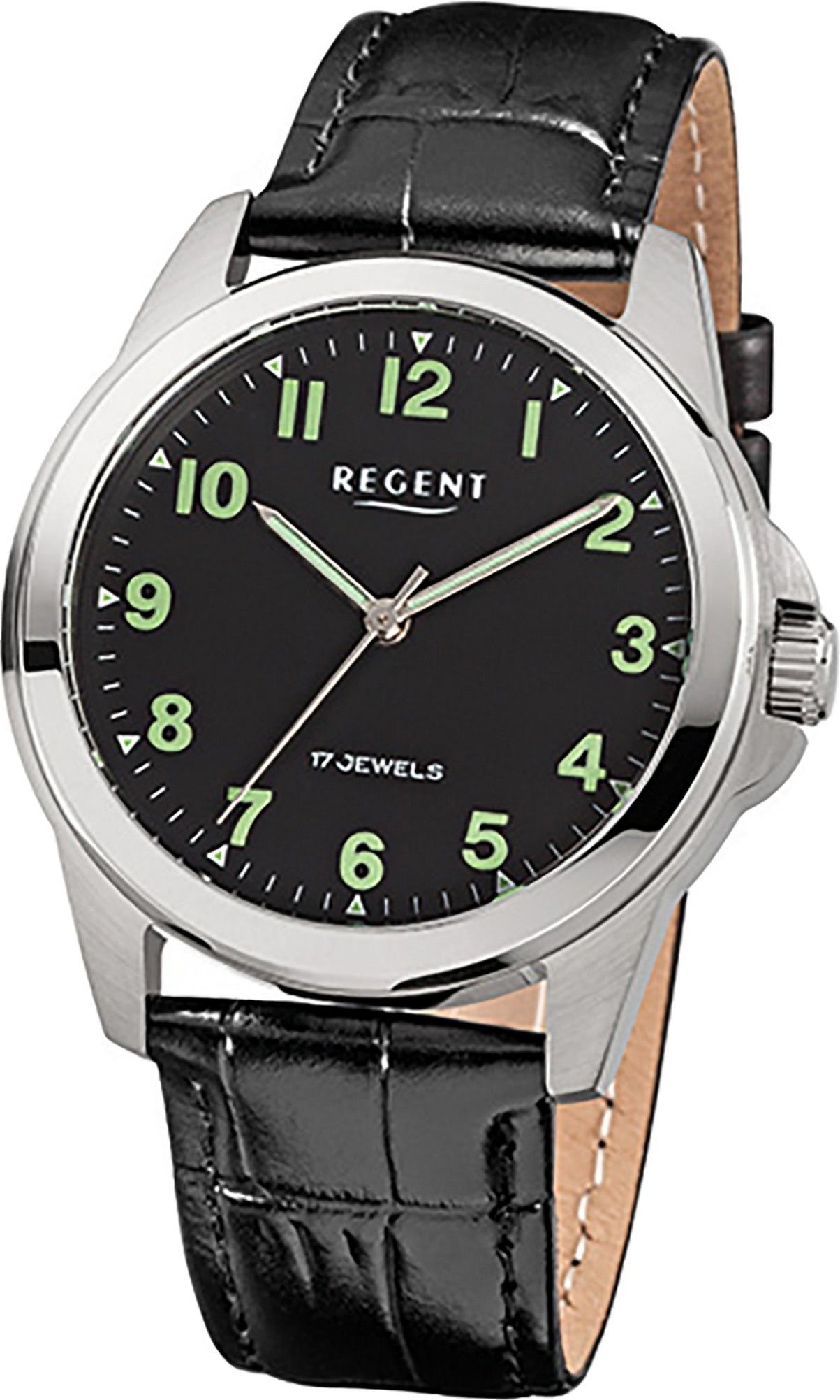 Regent Quarzuhr Regent Leder Herren Uhr F-818 Handaufzug, Herrenuhr Lederarmband schwarz, rundes Gehäuse, mittel (ca. 39mm) | Quarzuhren