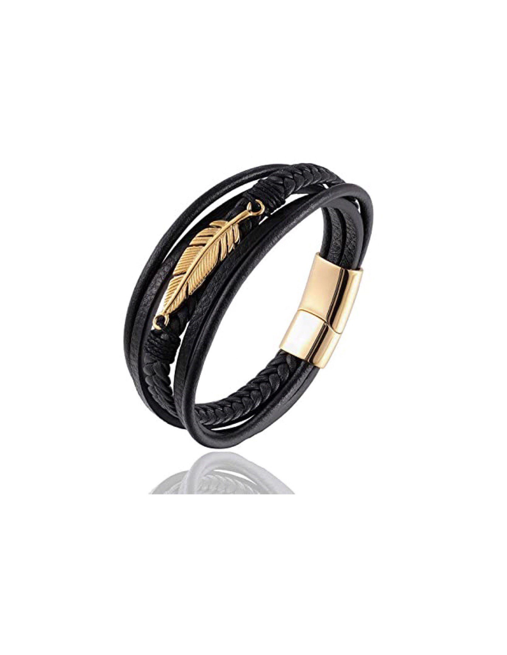 Paletti Lederarmband Lederarmband Schwarz mit Goldener Feder Gesamtlänge 21cm (1-tlg), goldene Feder Lederarmband