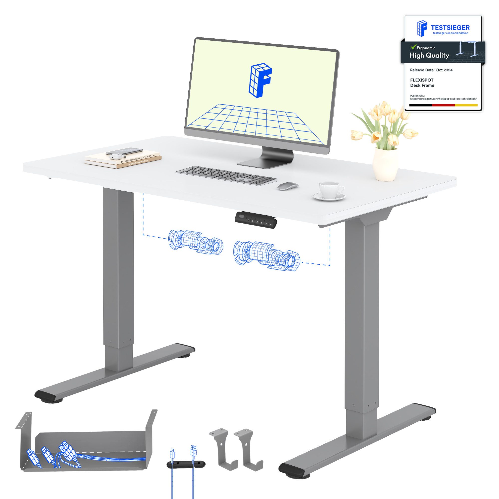 FLEXISPOT Schreibtisch Basic Plus höhenverstellbarer Schreibtisch mit Premium-Zubehör-Set (2 Motore & 2-Fach-Teleskop & 4 Höhenspeichertasten), MIT 25MM einteiliger Tischplatte, 120/140/160/180