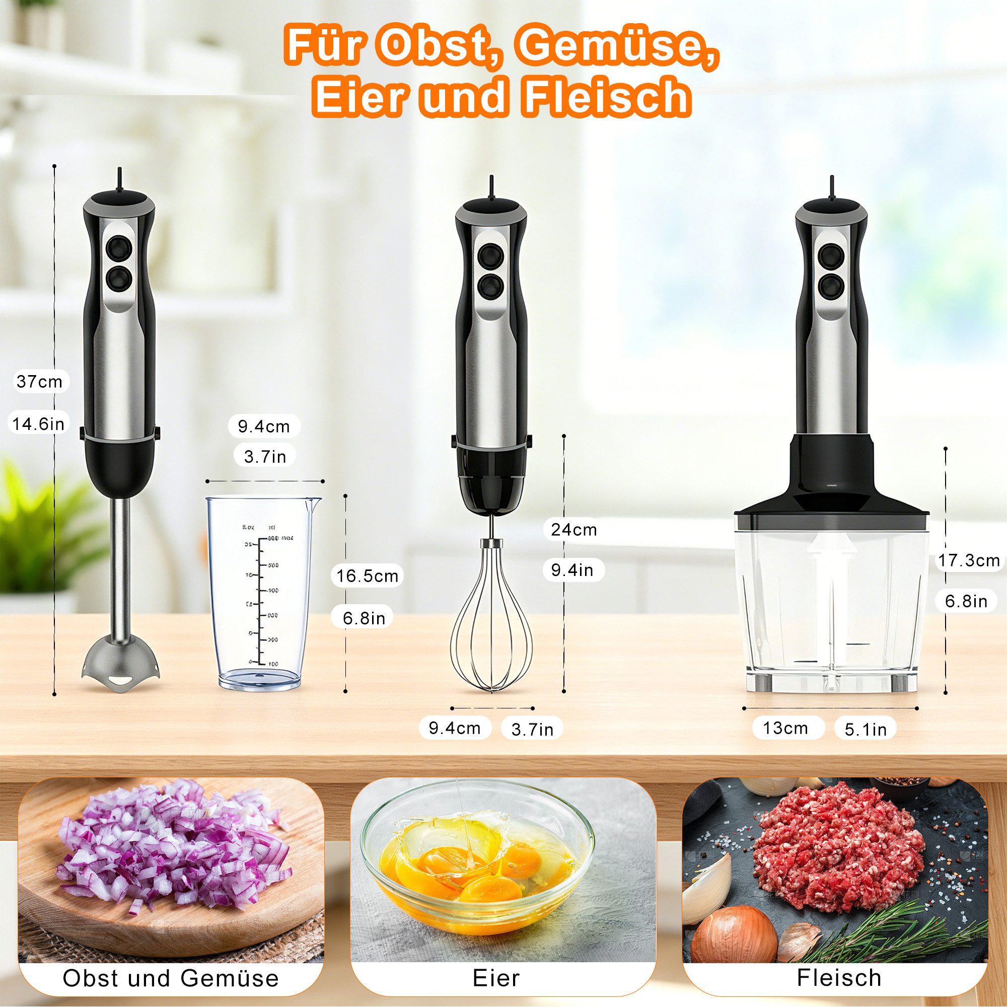 Luckice Stabmixer 1000W 4in1 Elektrisch Edelstahl Pürierstab mit 6 Geschwindigkeiten, 1000 W, TURBO-Taste für die Zubereitung von Soße,Babynahrung und Suppe