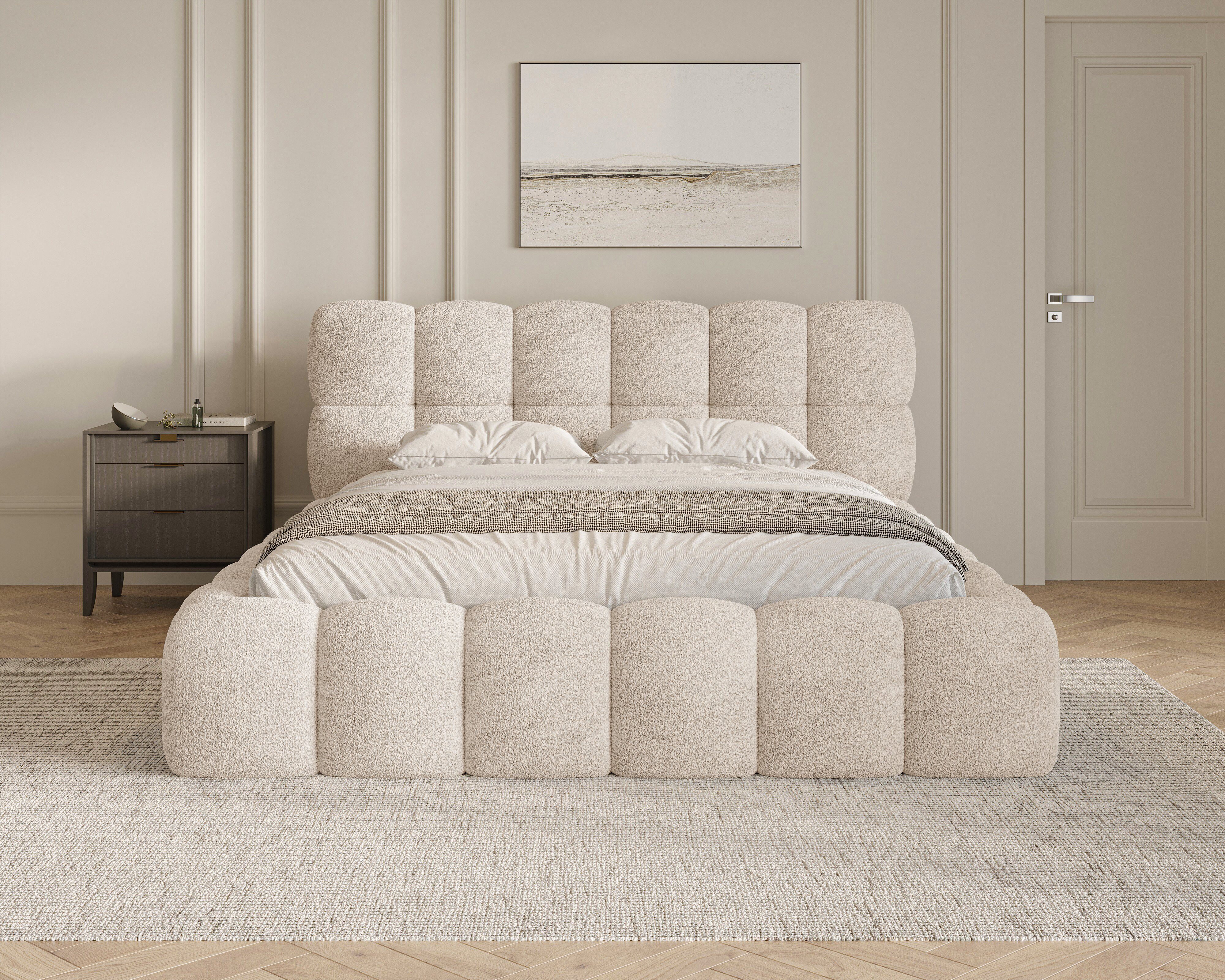 MOEBLO Polsterbett Bubble aus Bouclé 19 (Polsterbett Bubble boucle mit Bettkasten und Lattenrost Wolkenbett Cloud - Polsterbett 140), Maße (BxHxT): 163/183/203 x 100 x 220 cm