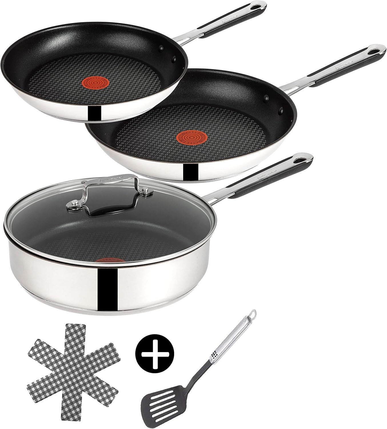Tefal Сковороды-Set Jamie Oliver E76 Сковородыset 20,28cm + Schmorpfanne mit Deckel 25cm, Edelstahl 18/10 (Pfanne, Жаровни Set, Сковородыset, Schmorpfanne, Сковороды + 1 Wender & Schoner Antihaftbeschichtet Сковородыset mit Deckel), Antihaftbeschichtet
