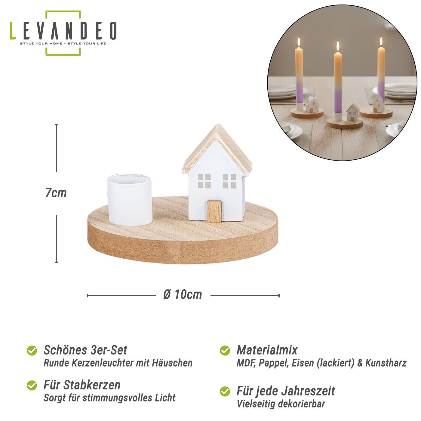 Levandeo® Kerzenhalter, 3er Set Kerzenhalter Haus Weiß Natur Stabkerzen Tis günstig online kaufen