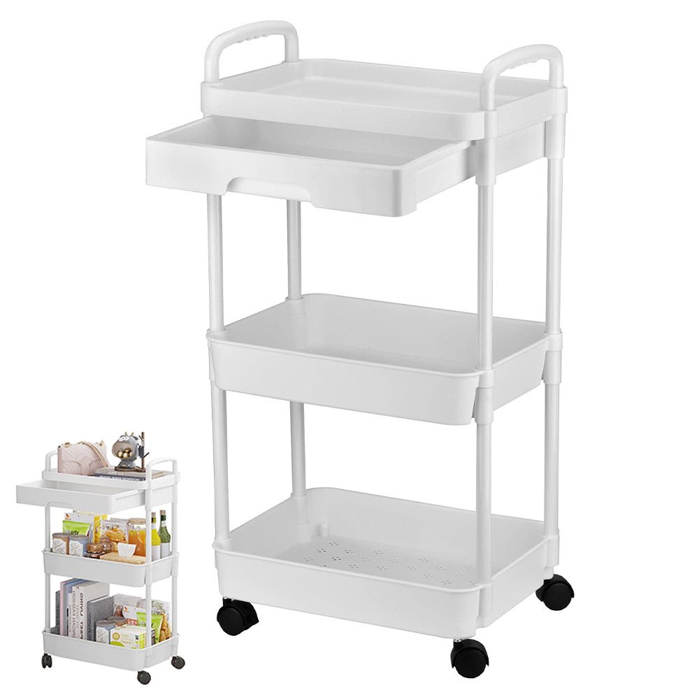 TUWENA Servierwagen 3-stöckiger Rollwagen mit Tischplatte&Schubladen,Küchenwagen mit Griff, Multifunktional Servierwagen Roll Regal für Büro, Wohnzimmer, Küche