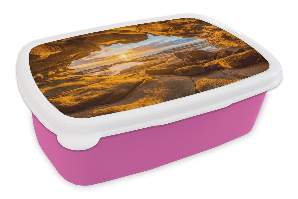 MuchoWow Lunchbox Höhle - Meer - Horizont - Sonnenuntergang, Kunststoff, (2-tlg), Brotbox für Erwachsene, Brotdose Kinder, Snackbox, Mädchen, Kunststoff rosa