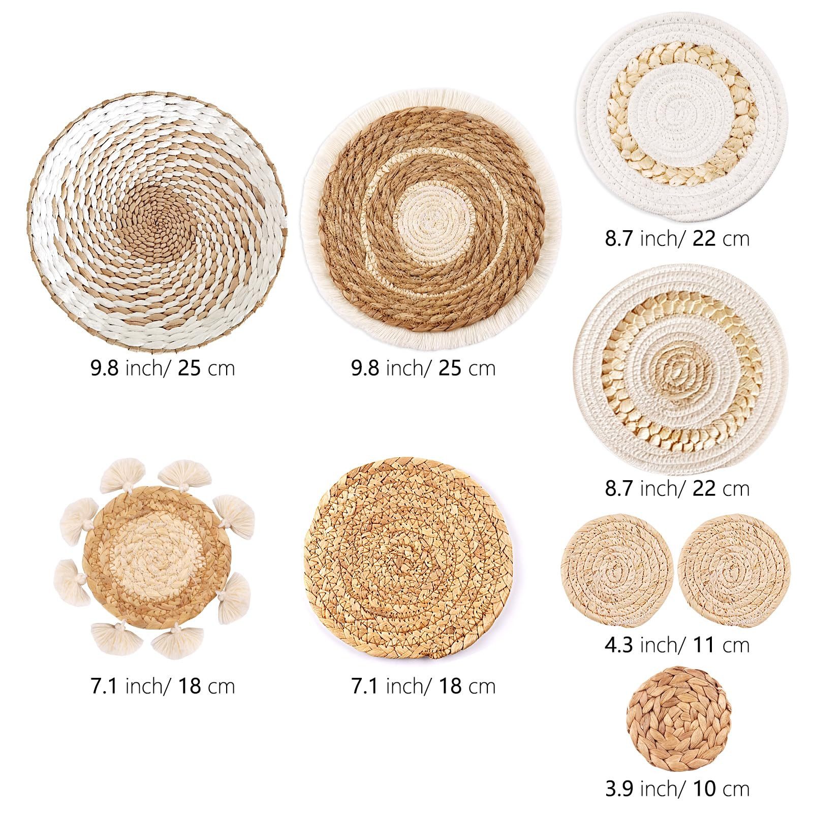 FOUORTUNATE-BEE Wanddekoobjekt 9 Stück Boho-Wandkörbe, Dekoration zum Aufhängen, runde Wandkunst (für Bauernhaus-Wohnzimmer, Schlafzimmer, Küchendekorationen, 9 St)