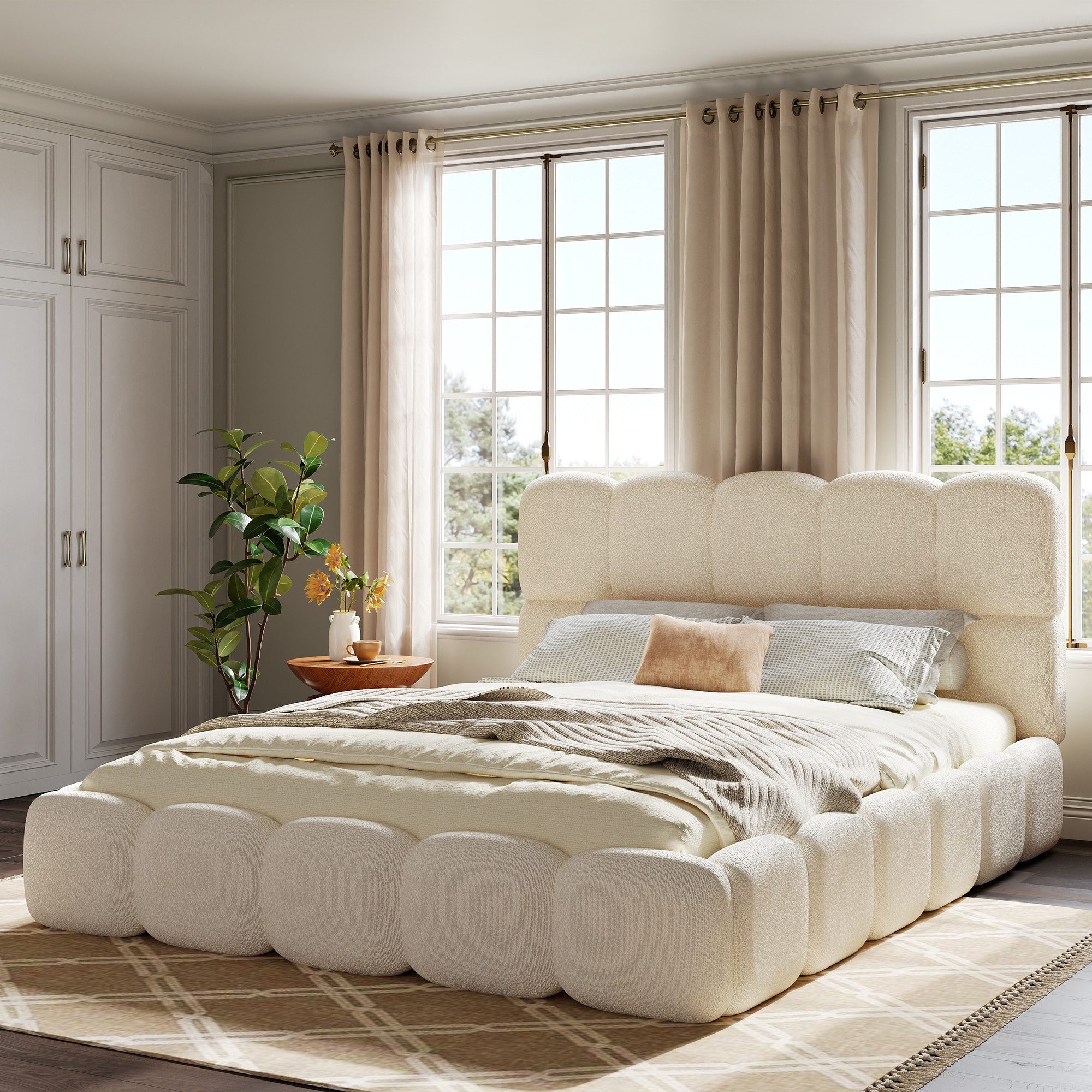 Flieks Polsterbett, Doppelbett 160x200cm mit Lattenrost und gepolstertes Kopfteil, Bouclé