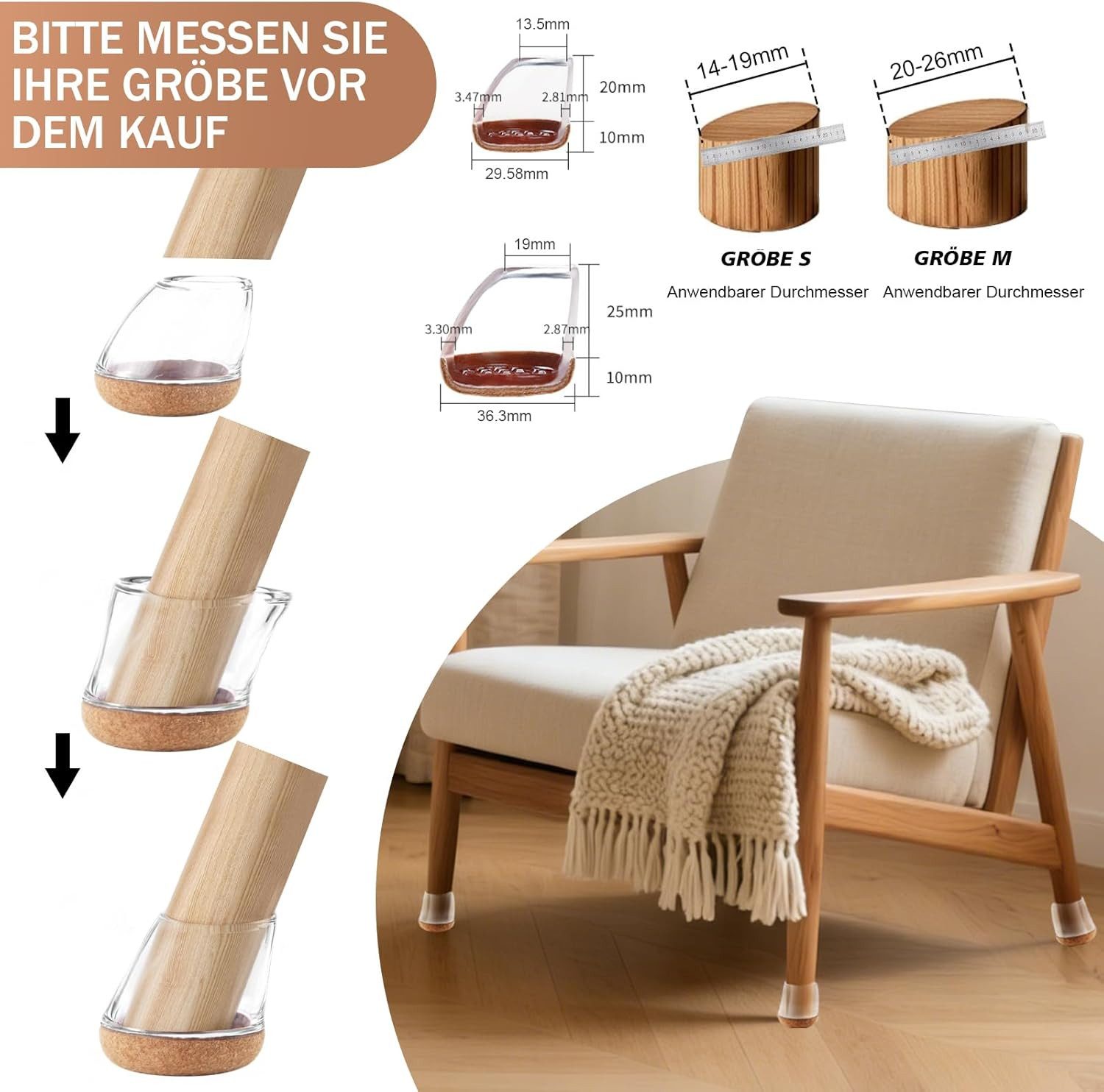 Agger Stuhlhusse 8 Stück Stuhlbeinkappen Schräge Stuhlbeine, Stuhlbeinkappen Rund – Bild 3 von 5