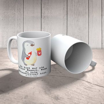 Mr. & Mrs. Panda Tasse Imbissbesitzer Herz - Weiß - Geschenk, Teebecher, Pommes mit Ketchup, Keramik, Herzberührende Designs