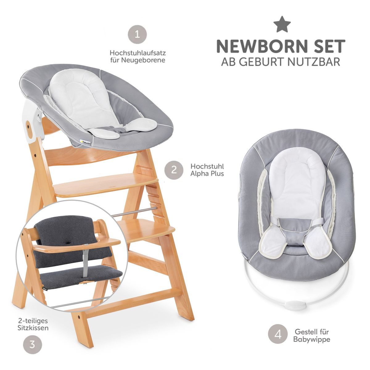 Hauck Hochstuhl Alpha Plus Newborn Set - Natur, Holz Babyhochstuhl ab Geburt inkl. Neugeborenenaufsatz & Sitzauflage