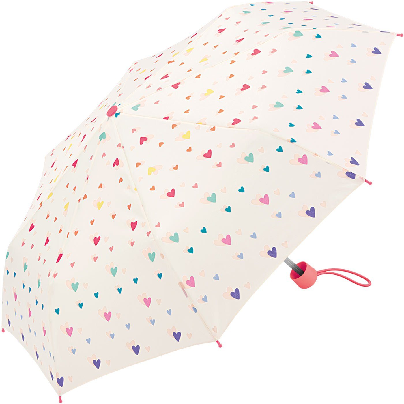 Esprit Taschenregenschirm kleiner, leichter Taschenschirm für Kinder, mit niedlichem, bunten Herzen-Design für Mädchen