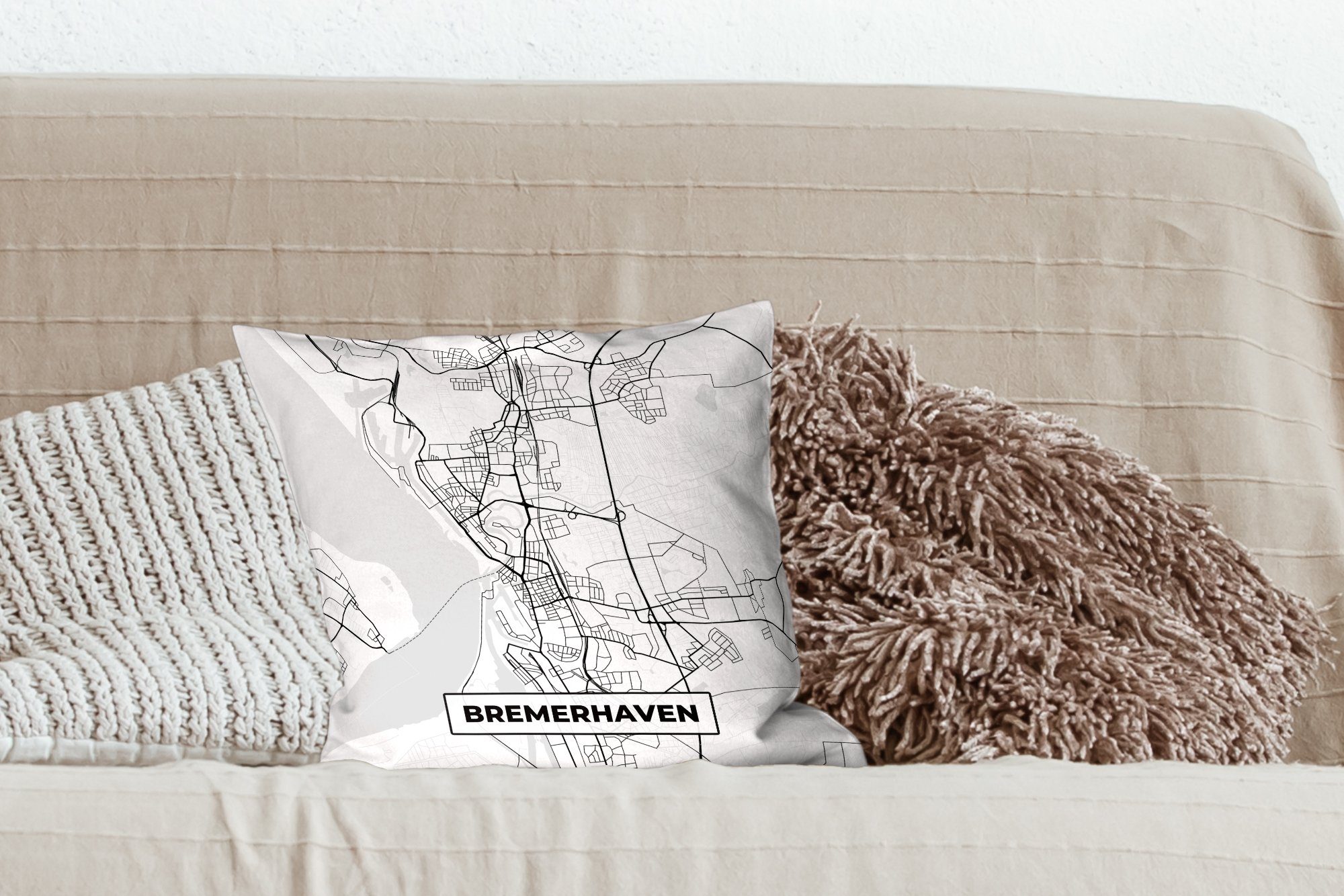 MuchoWow Dekokissen Schlafzimmer, mit Füllung Stadtplan, Deko, Zierkissen Bremerhaven - - Wohzimmer, für - Sofakissen Karte Karte