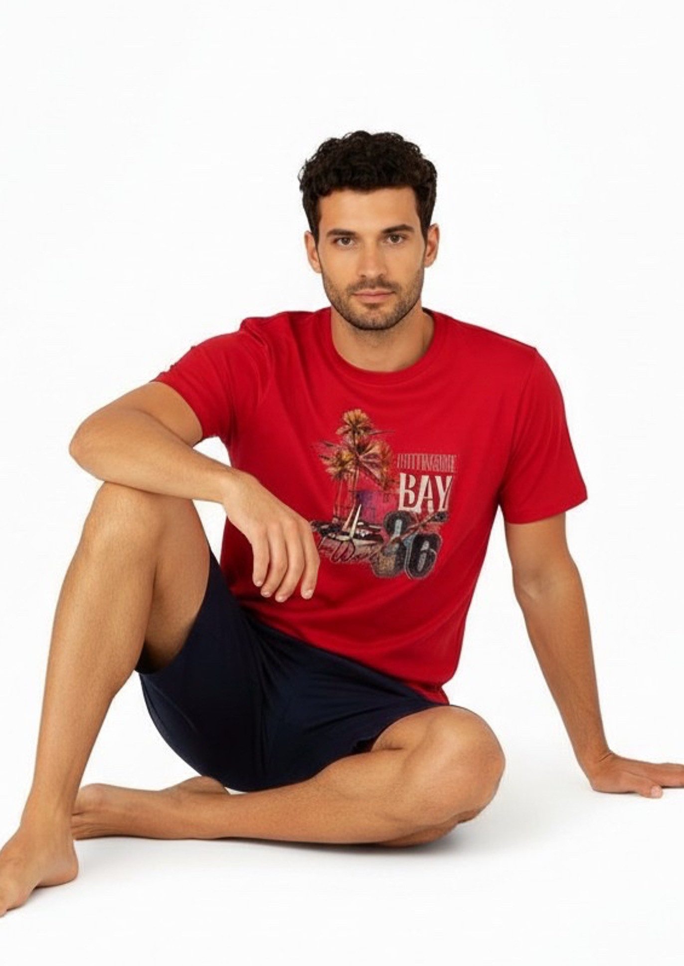 Moonline Shorty Kurzer Herren Schlafanzug Pyjama Nachtwäsche Kurzarm 100% Baumwolle (2 tlg) atmungsaktiv – Bild 4 von 5