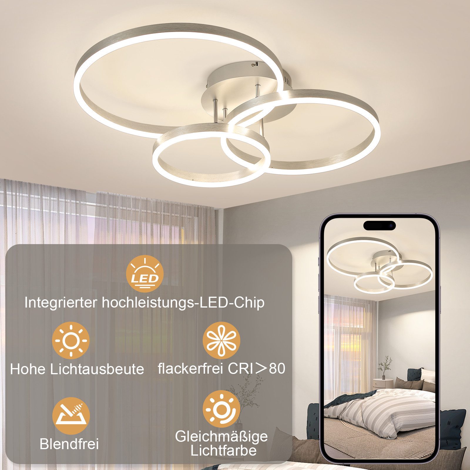 Nettlife LED Deckenleuchte Dimmbar Modern 3 Ring 82CM 74W Deckenlampe Schla günstig online kaufen