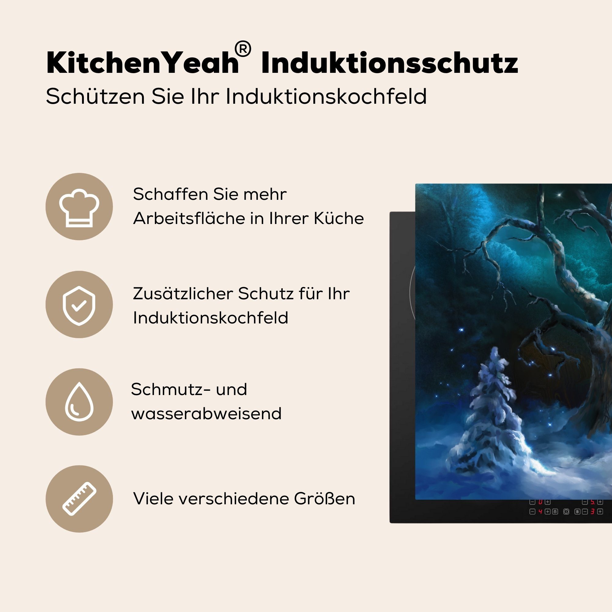 für Schutz küche, 81x52 Induktionskochfeld die Ceranfeldabdeckung Vinyl, - Herdblende-/Abdeckplatte - MuchoWow tlg), Schnee (1 cm, Mond, Eule