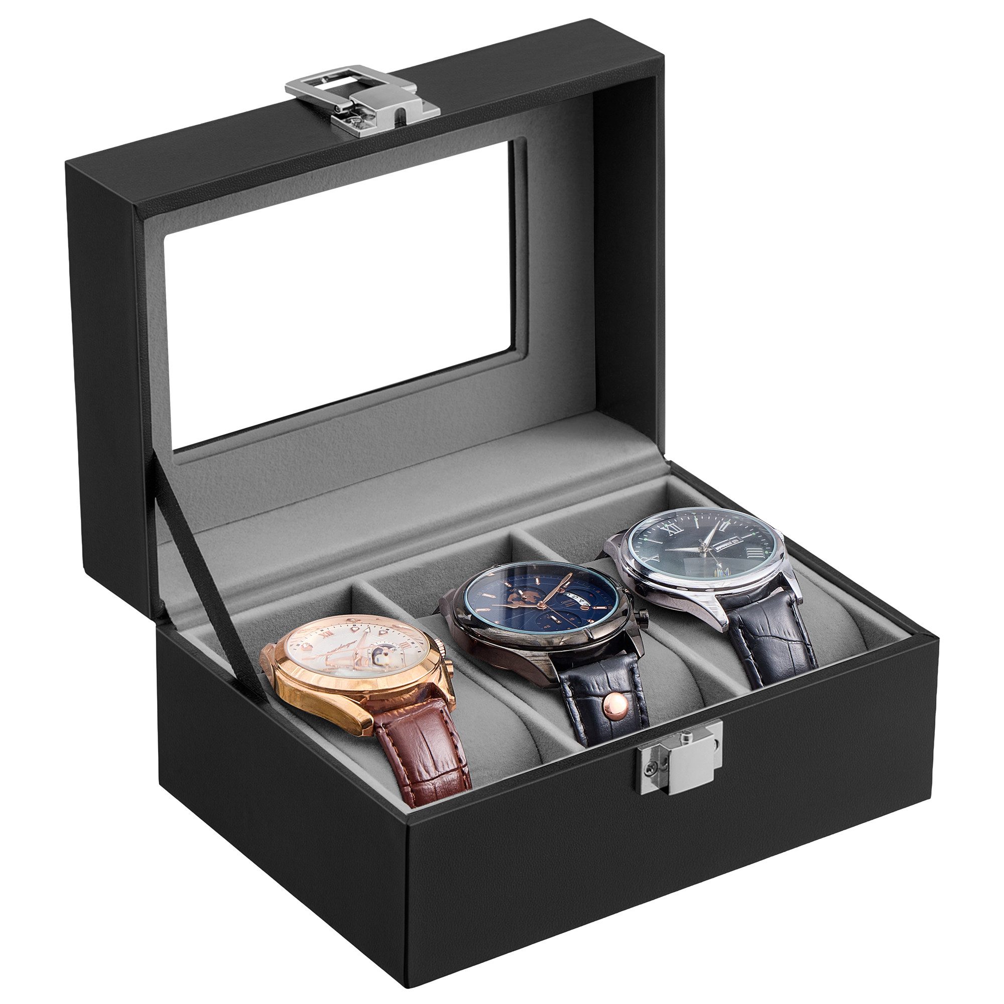 SONGMICS Uhrenbox Uhrenkasten, herausnehmbare Uhrenkissen, Geschenkidee, Glasdeckel, PU-Bezug, Samtfutter, 3/6 Fächer