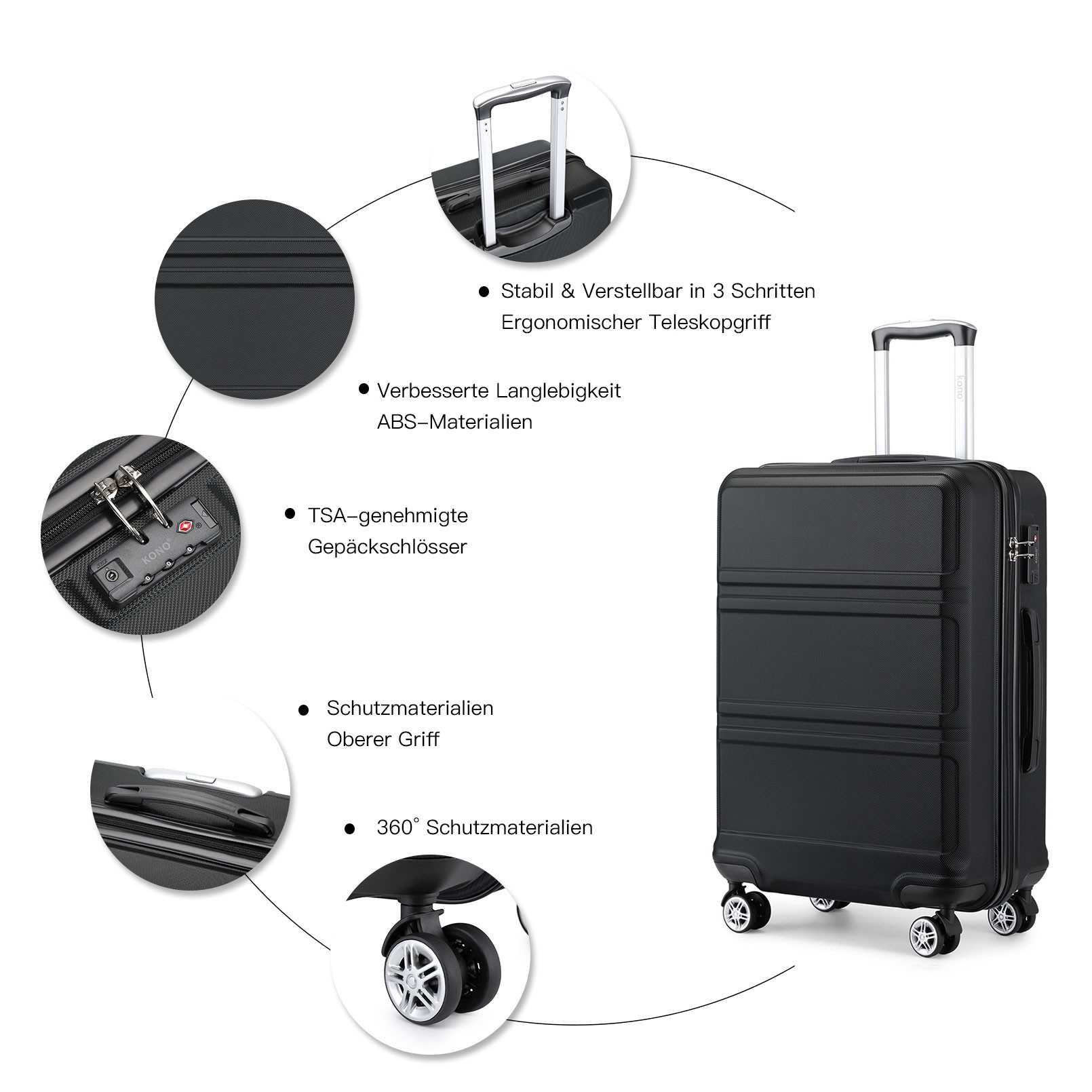 KONO Hartschalen-Trolley mit TSA-Schloss - Reisekoffer und Rollkoffer in einem – Bild 3 von 5