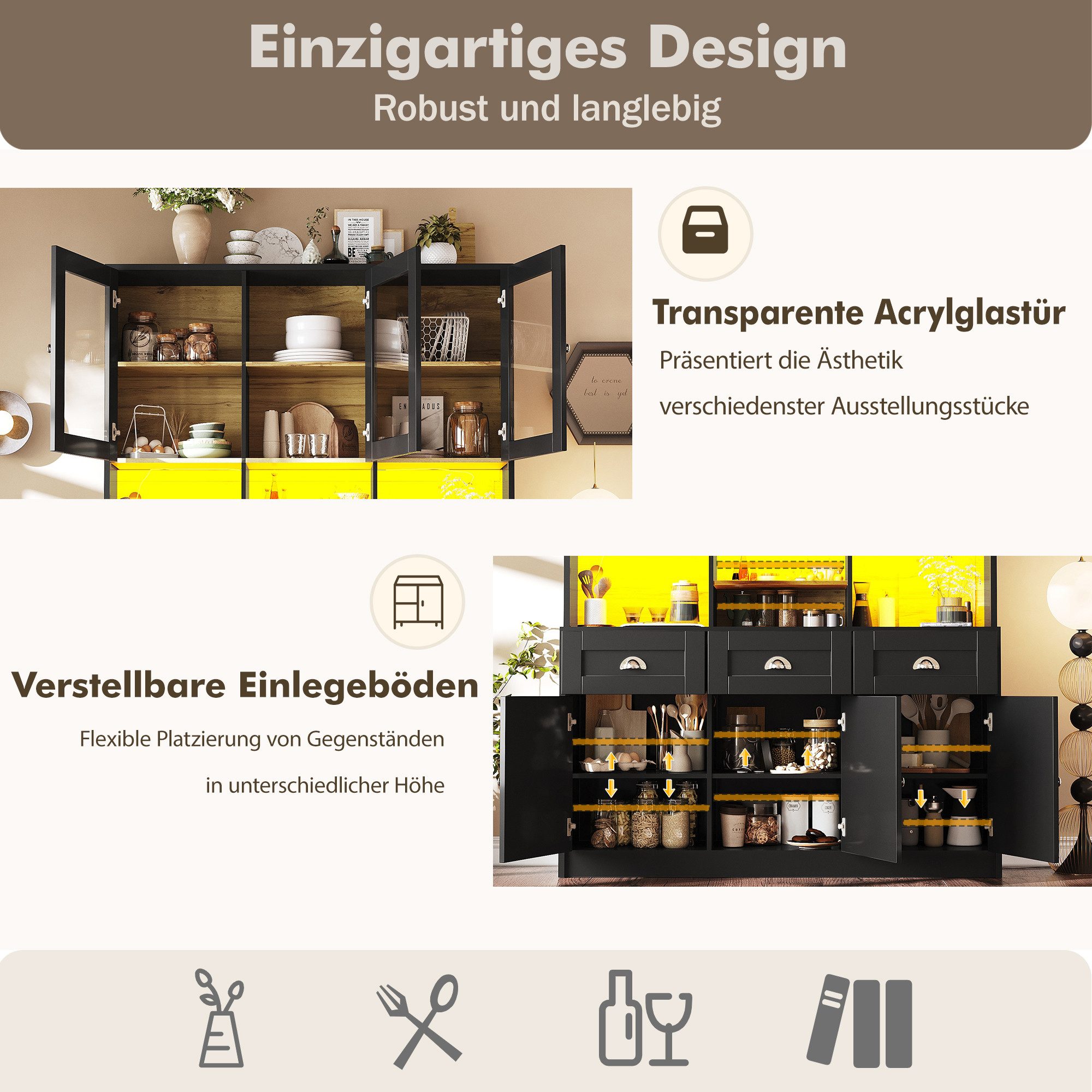 i@home Hochschrank Küchenschrank, Vitrinenschrank, schwarz/weiß, 140×40×175cm Mit Verstellbaren Ablagen und LED, Variable Lichtfarben per App – Bild 4 von 5
