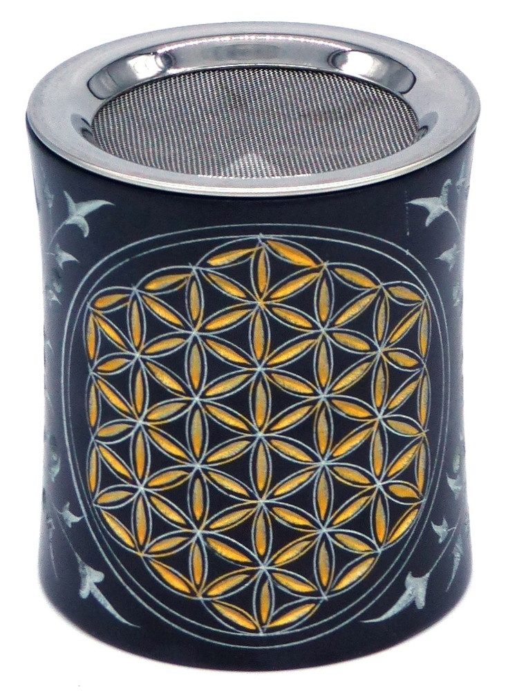 Saraswati Räucherstäbchen-Halter Räuchergefäß "Blume des Lebens" gold, Black Stone Ø9cm (7,5cm innen)