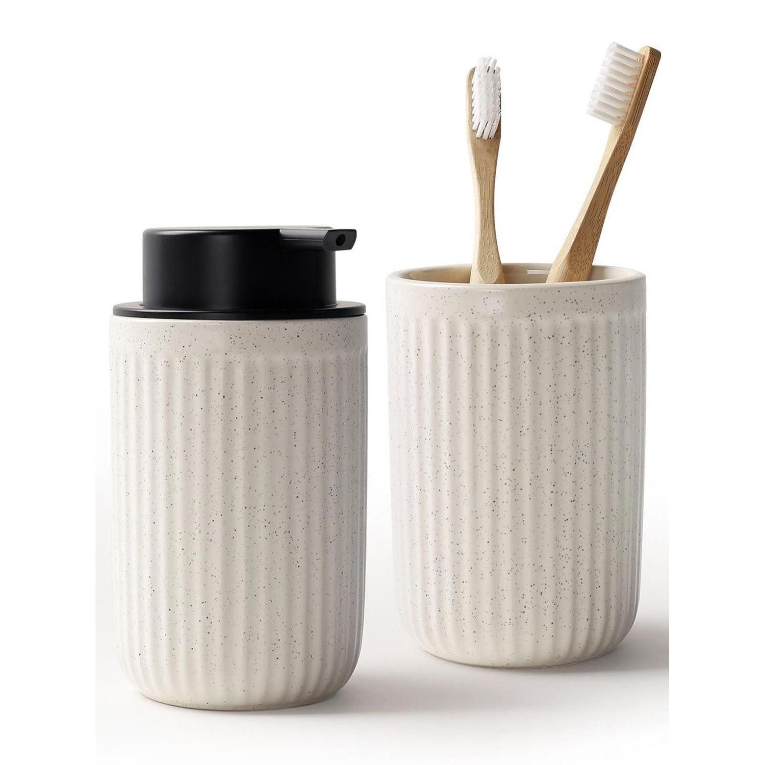 LuxusKollektion Seifenspender Keramik Seifenspender Beige 350ml mit Zahnbürstenhalter