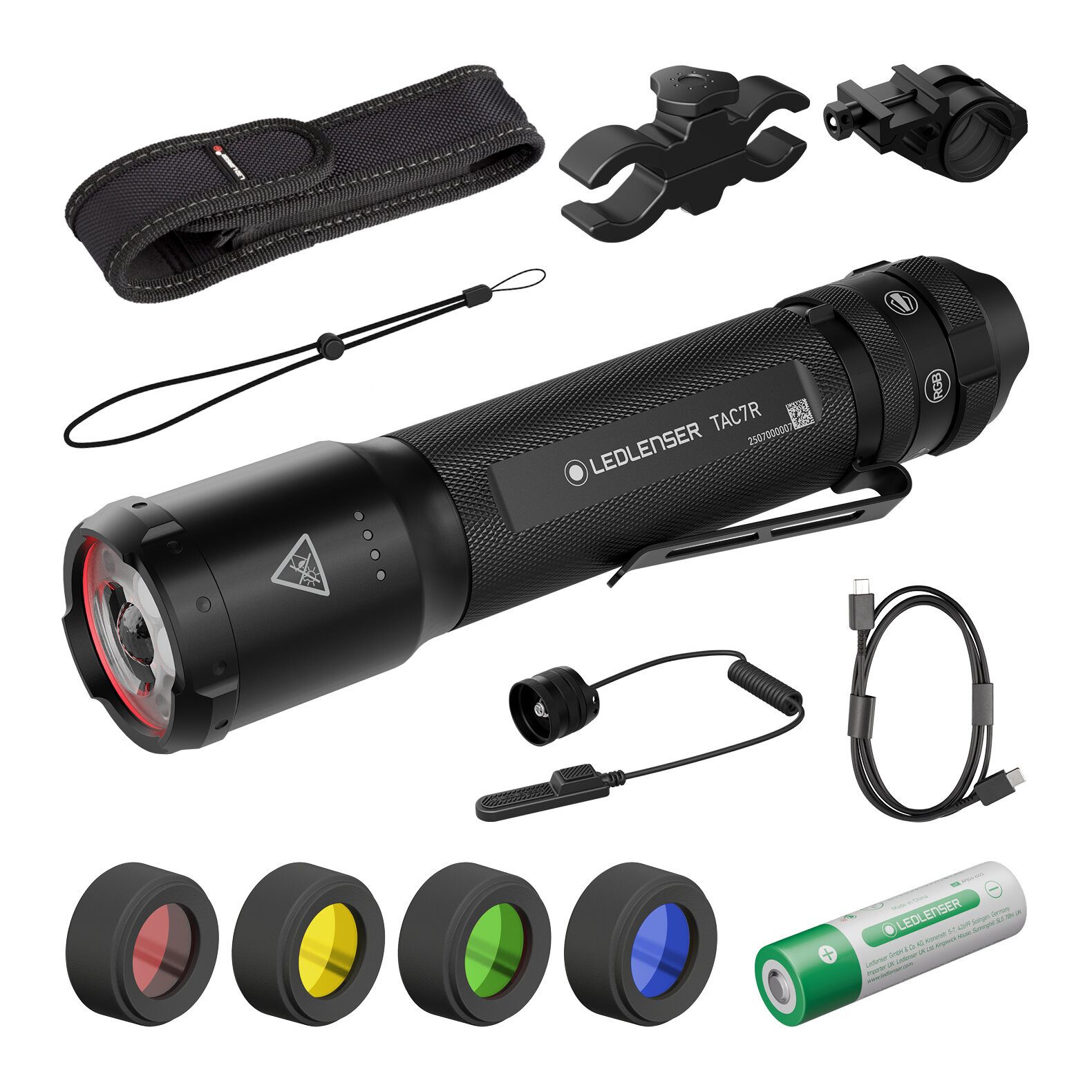 Ledlenser Taschenlampe TAC7R Outdoor Set, bis 3200 Lumen, 370m Leuchtweite, 30h Laufzeit, mit 9-tlg. Zubehör Set