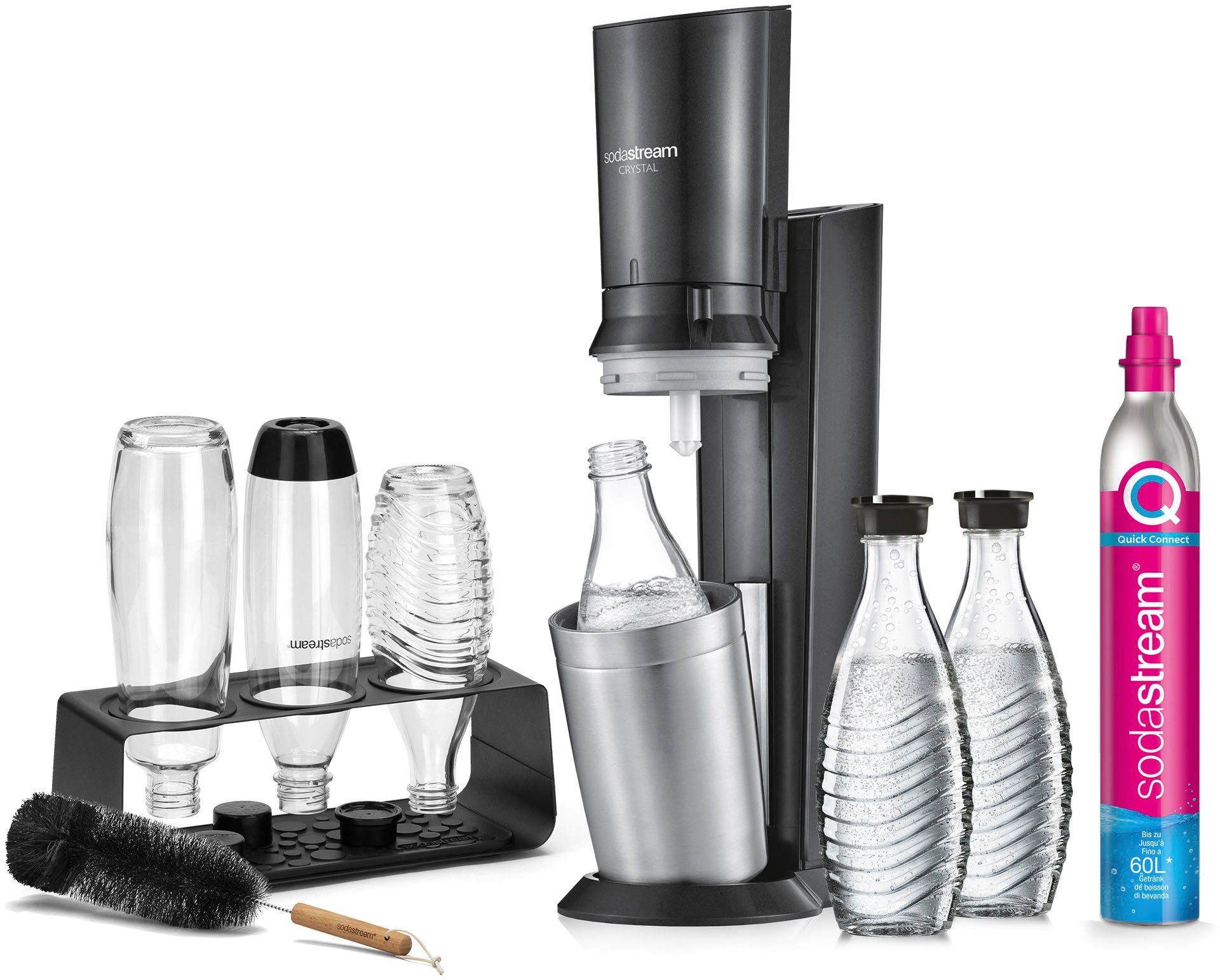 Neue Ware mit Bonus SodaStream Wassersprudler »Crystal« CO2-Zyl., Mega-Bundle, Flaschenbürste Glaskaraffen, Abtropfhalter, (7-tlg), Wassersprudler