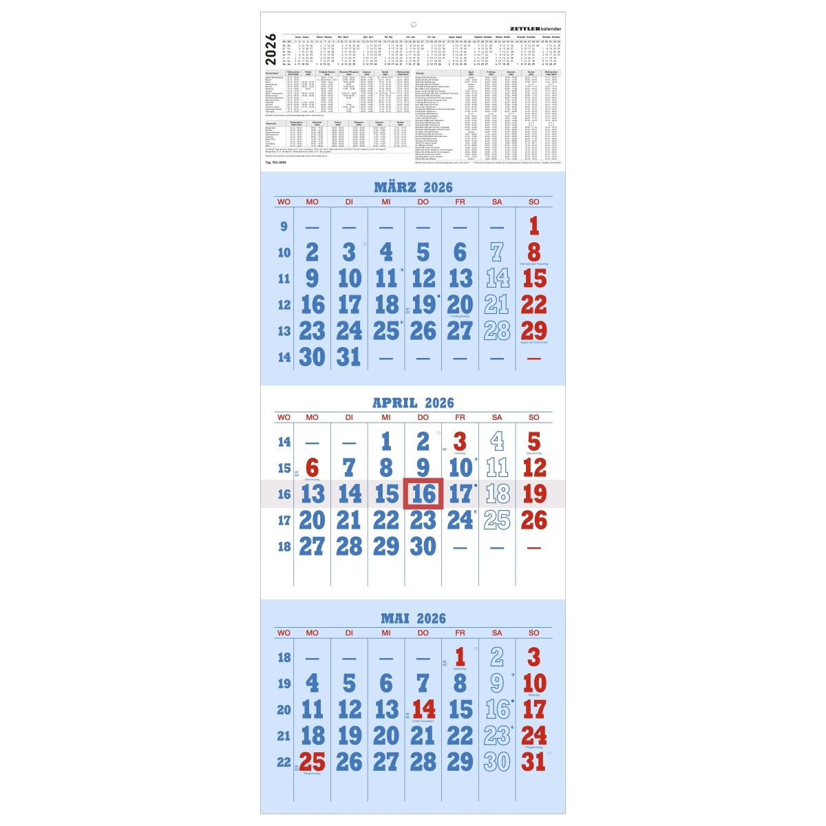 ZETTLER Wandkalender Dreimonatskalender 952 29,7x78cm blau/rot 2026