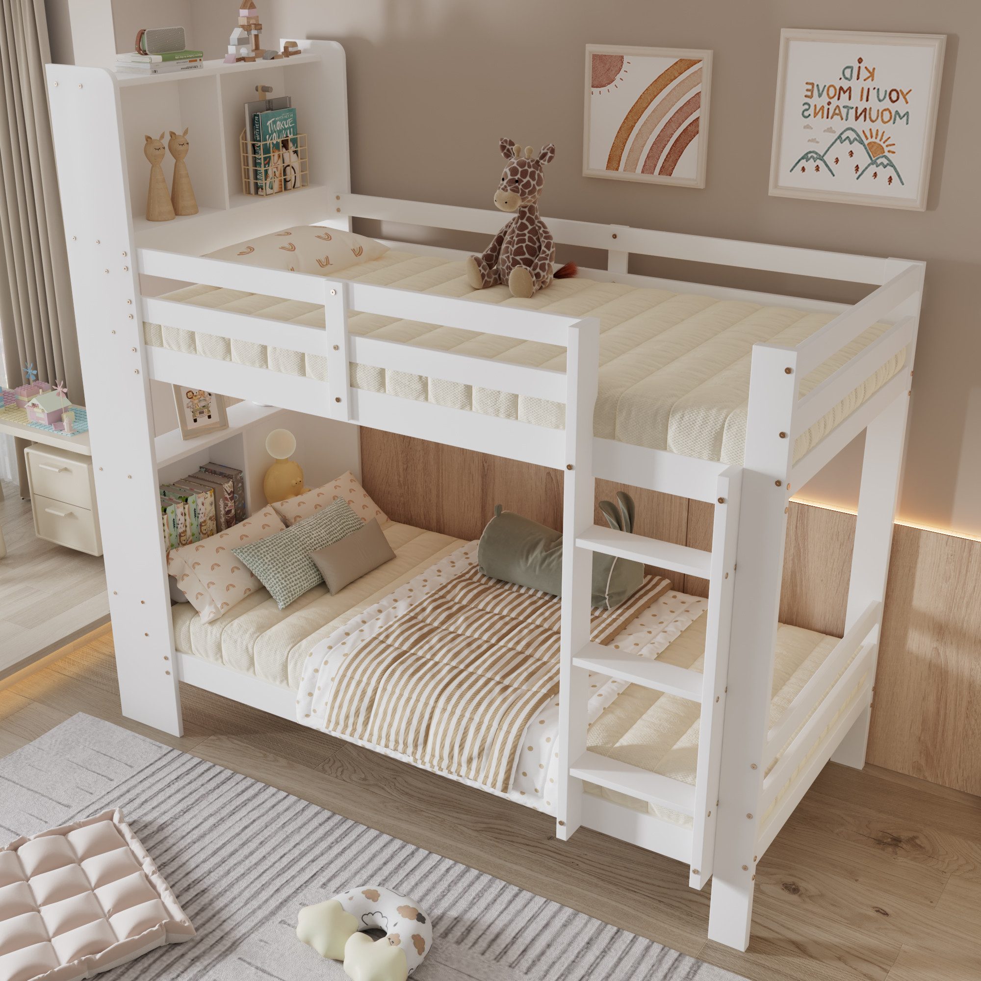 Merax Etagenbett (Jugendbett Stockbett, 1-St), Kieferholz Kinderbett 90x200cm mit Kopfregalen Leiter Stauraum Zaun – Bild 3 von 5