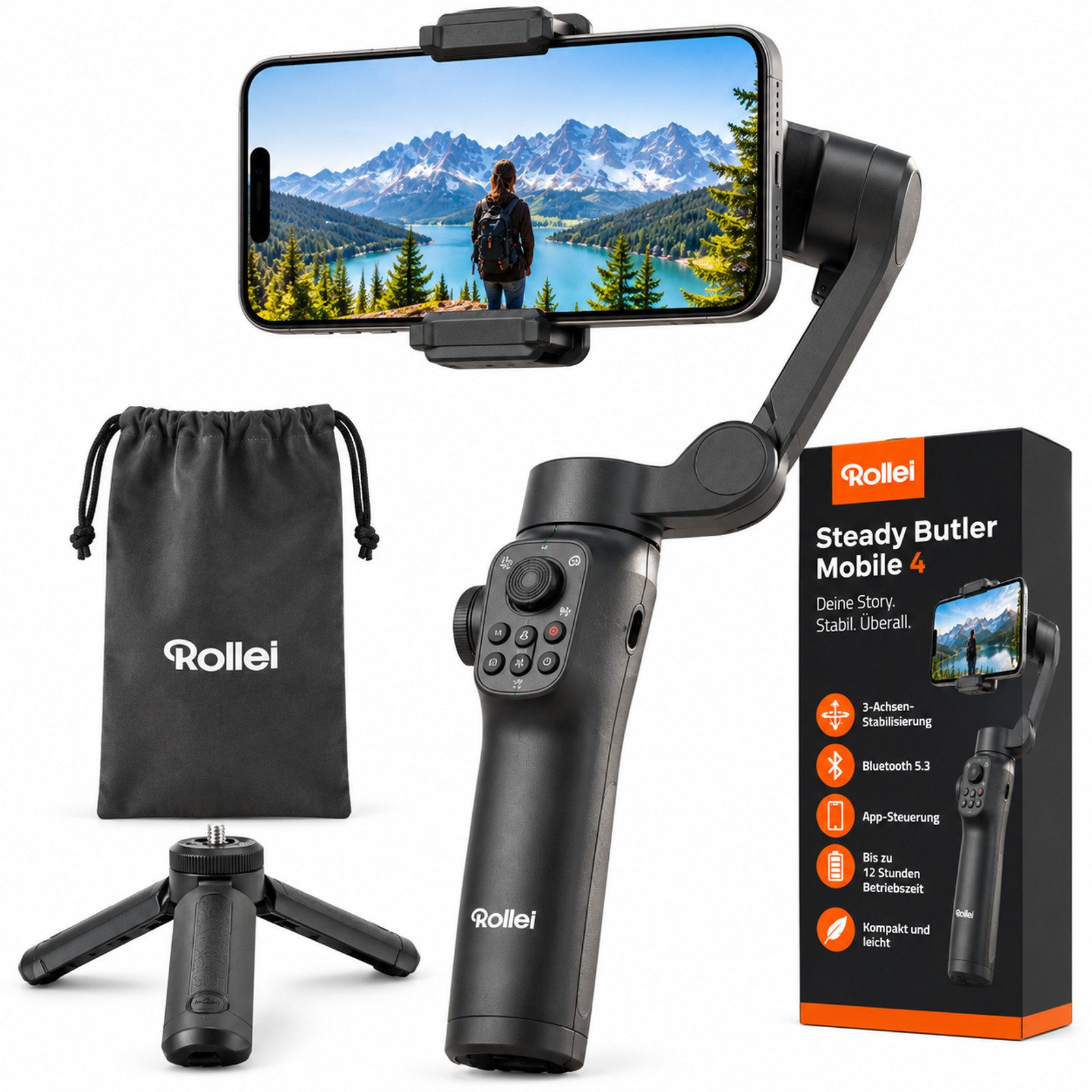 Rollei Rollei Steady Butler Mobile 4 Smartphone Gimbal 3-Achsen Bluetooth 5.3 Kamerastativ