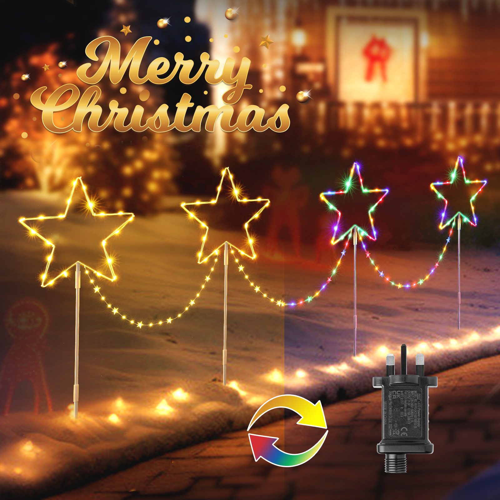 Elegear Lichterkette Weihnachtsdeko LED Sternlichter 4er Set mit Erdspieß und Timerfunktion, Farbwechsel Warmweiß mit 8 Modi für Garten, Außen, Rasen, Terrasse