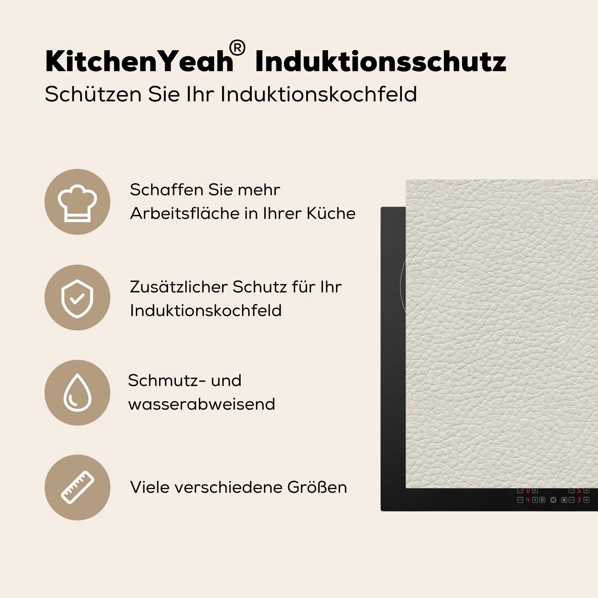 Vinyl, (1 küche Induktionsschutz - - Weiß Leder für Tierfell, 78x78 Herdblende-/Abdeckplatte MuchoWow Arbeitsplatte - Ceranfeldabdeckung, cm, tlg),