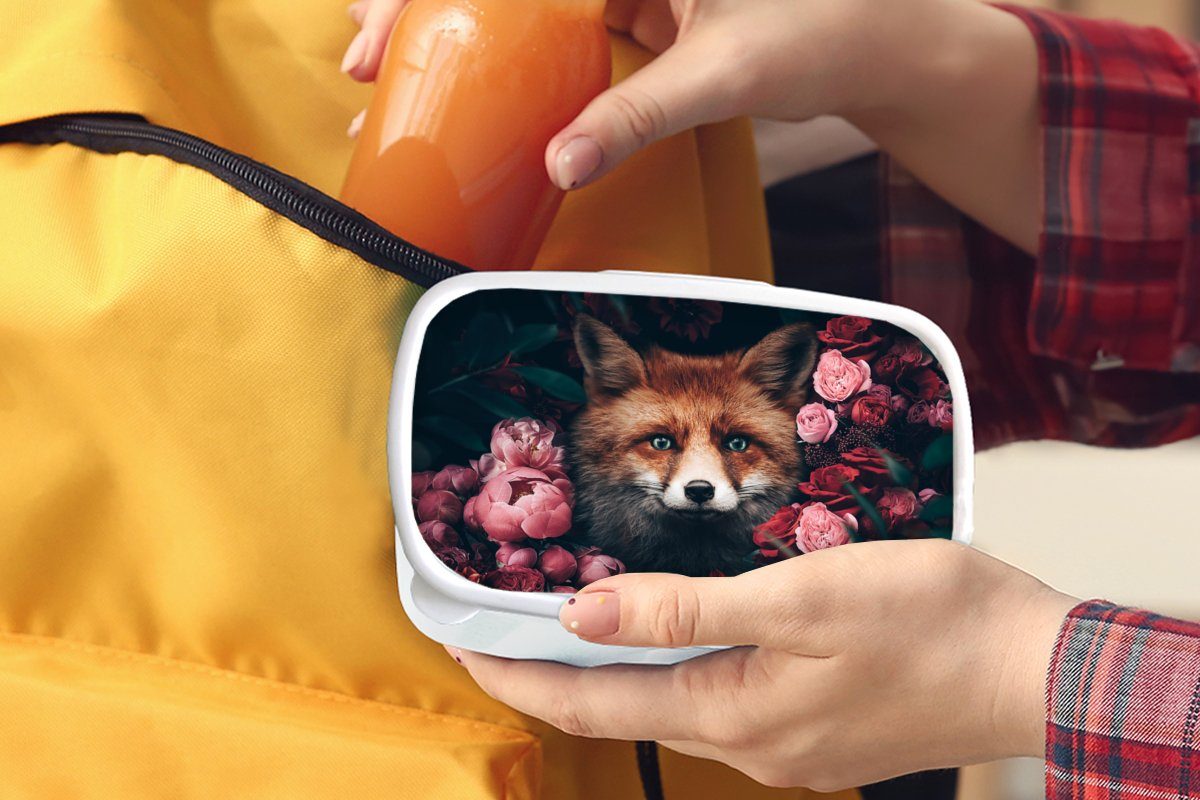 MuchoWow Lunchbox Fuchs - Blumen Kunststoff, - und Mädchen (2-tlg), Kinder Brotdose, Erwachsene, Jungs für für weiß Tiere, und Brotbox