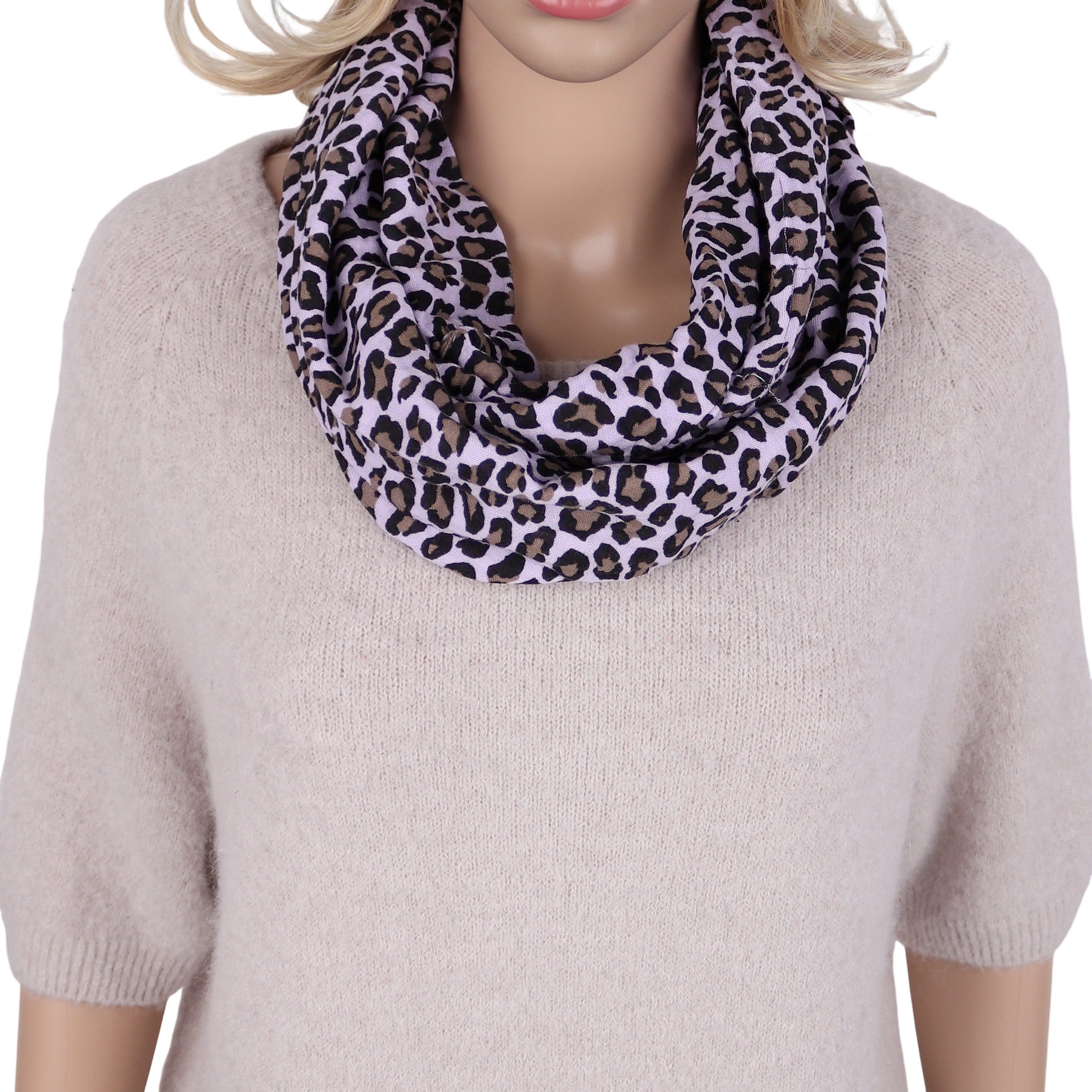 MIRROSI Loop Damen Schal aus Musellin, Made in Italy 70x20cm, Leo, Schlauchschal, (Zweimal um den Hals wickelbar, ca.70x20cm), Damen Halstuch ideal für Frühling, Sommer oder Herbst