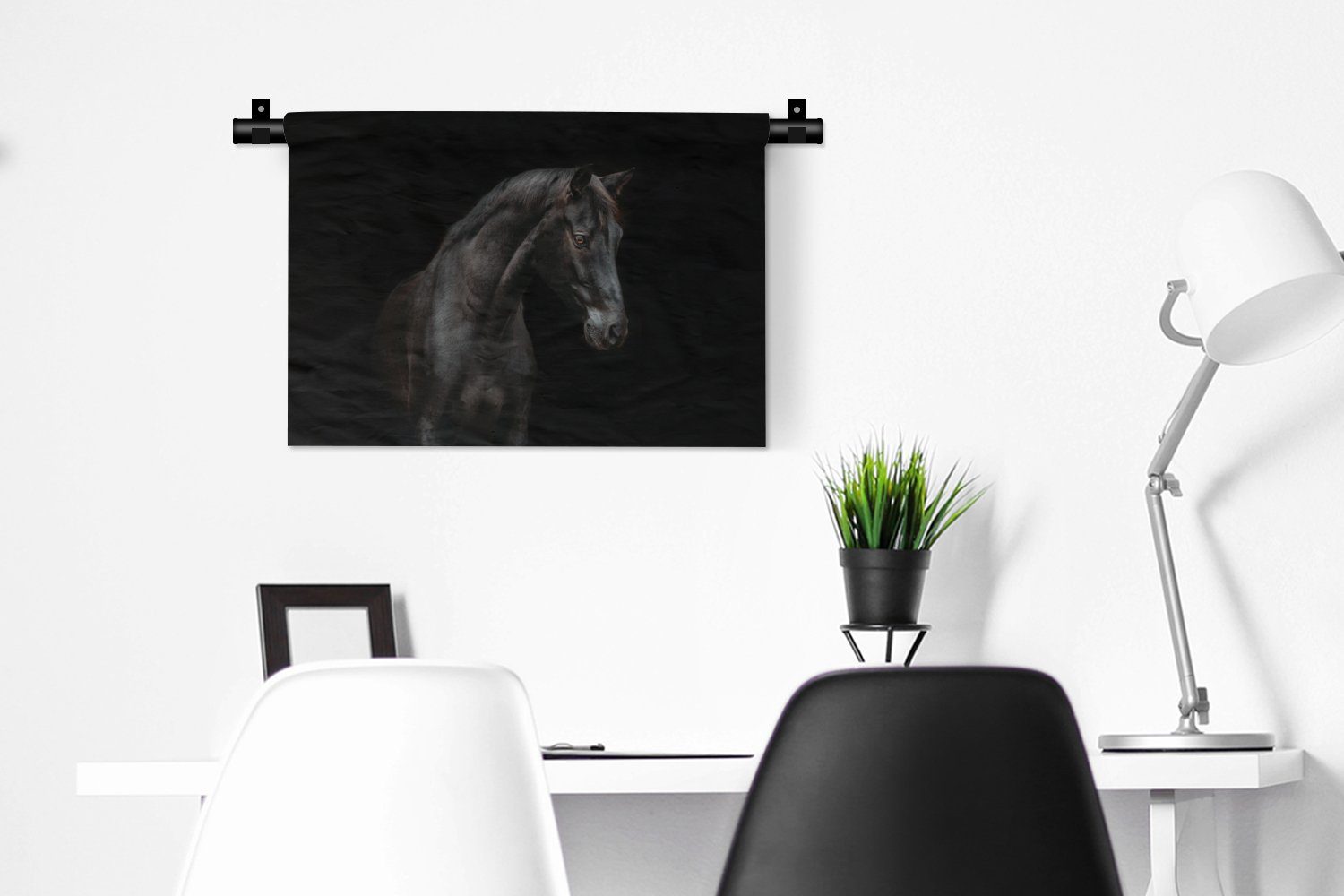 - Wohnzimmer, - - Kinderzimmer Wandbehang, MuchoWow Schwarz Tiere Wanddekoobjekt Pferd Kleid, Wanddeko Schlafzimmer, für Porträt,