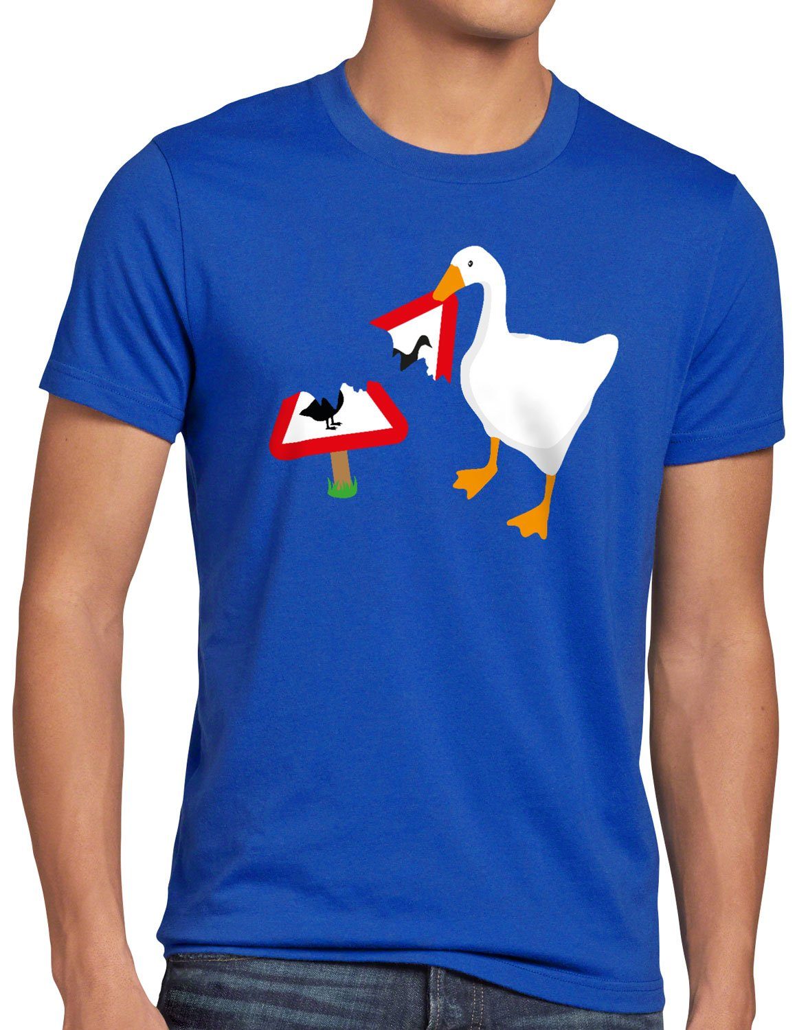 style3 Print-Shirt Herren T-Shirt Gänse Panik gans videospiel blau