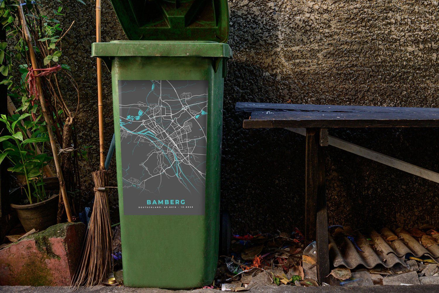 Wandsticker Sticker, Stadtplan - - Abfalbehälter Blau Deutschland - Mülltonne, (1 Container, MuchoWow Bamberg - Mülleimer-aufkleber, St), Karte