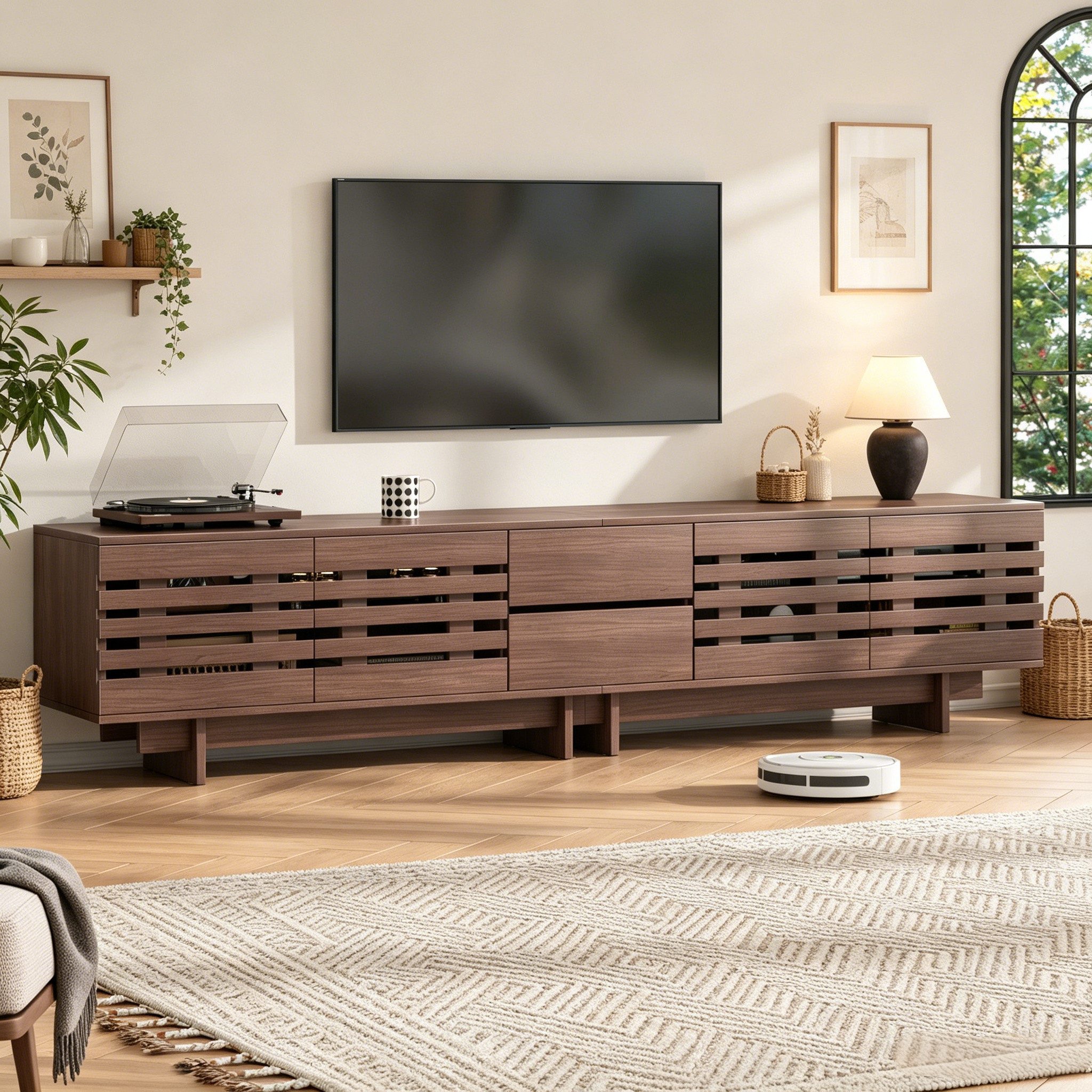 Merax Lowboard in Walnuss Holzoptik (1 St., Fernsehtisch für bis 80 Zoll), TV Schrank mit 4 Flügeltüren, 2 Schubladen & 6 Fächer, 200×39,5×55cm