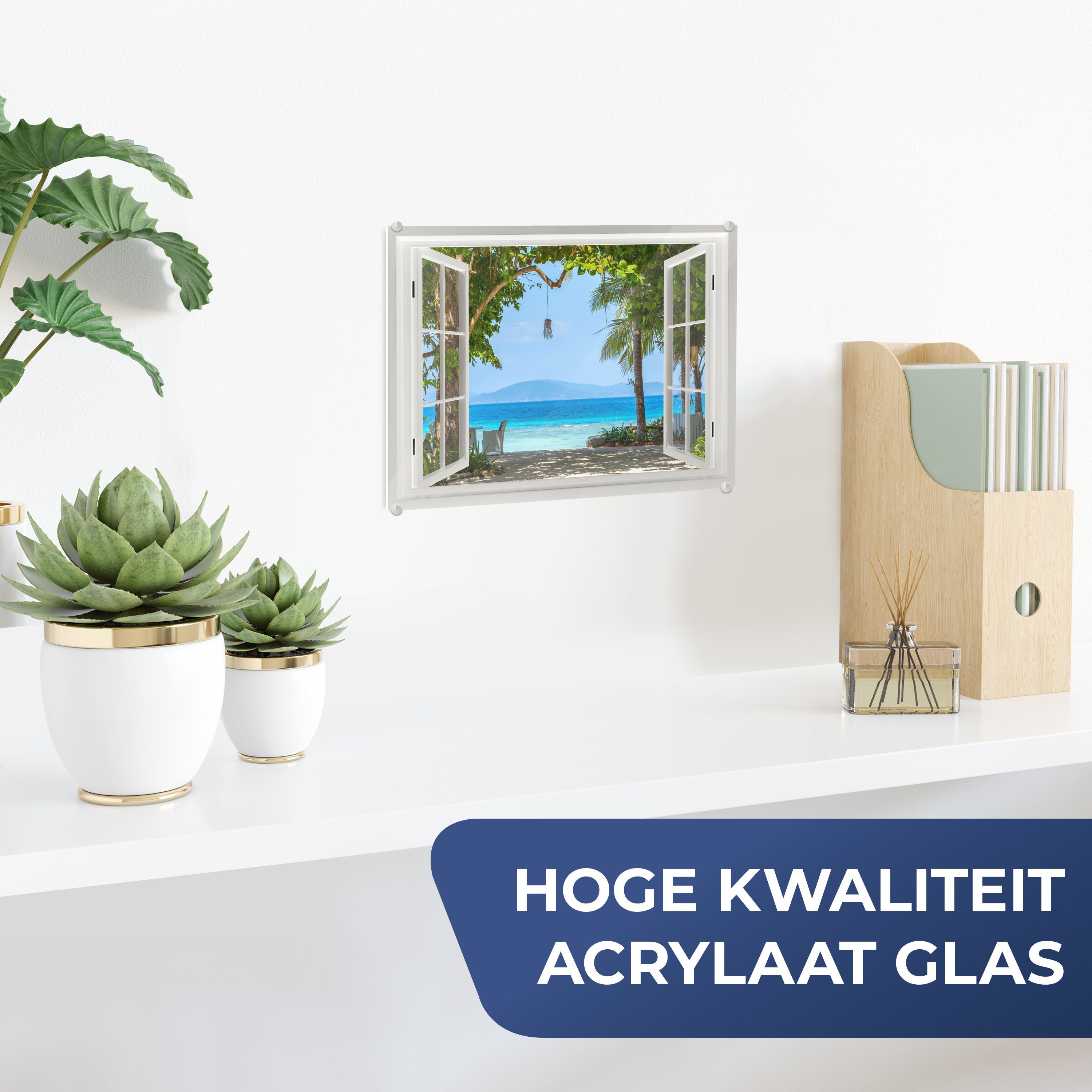 MuchoWow Acrylglasbild Glas - Wandbild Blau, Glasbilder Palme - - bunt Bilder - St), - Wanddekoration auf Meer - Strand Foto (1 Baum Aussicht Glas auf - Hügel - 