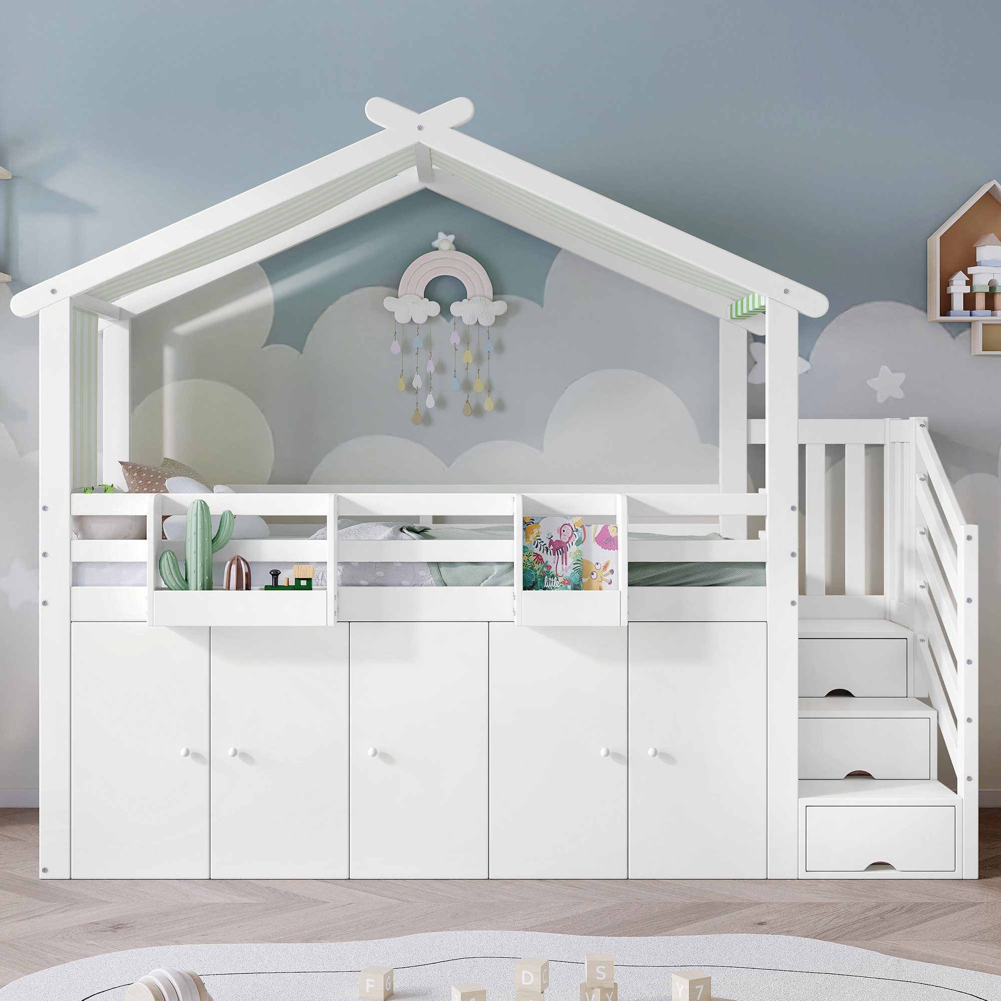 STILVORA Kinderbett 90x200 mit Matratze&Kleiderschrank,Hochbett Holzbett mit Schließfächer (Kinder-Etagenbett mit Dach, Stauraumtreppe & Kleiderschrank, 90x200cm), ohne Matratze