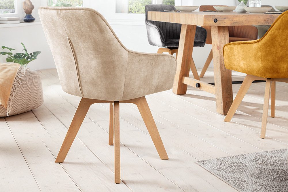 riess-ambiente Polsterstuhl LIVORNO champagner greige – Samt, drehbar, Holz-Beine, mit Armlehne (Einzelartikel, 1 St), mit 180° Drehfunktion und Autoreturn – ideal für Dein Esszimmer