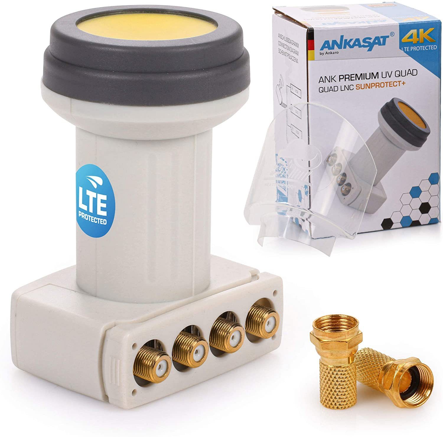 Ankaro ANKASAT - ANK Premium UV Quad LNB + Wetterschutz Kappe, 4 Teilnehmer Universal-Quad-LNB