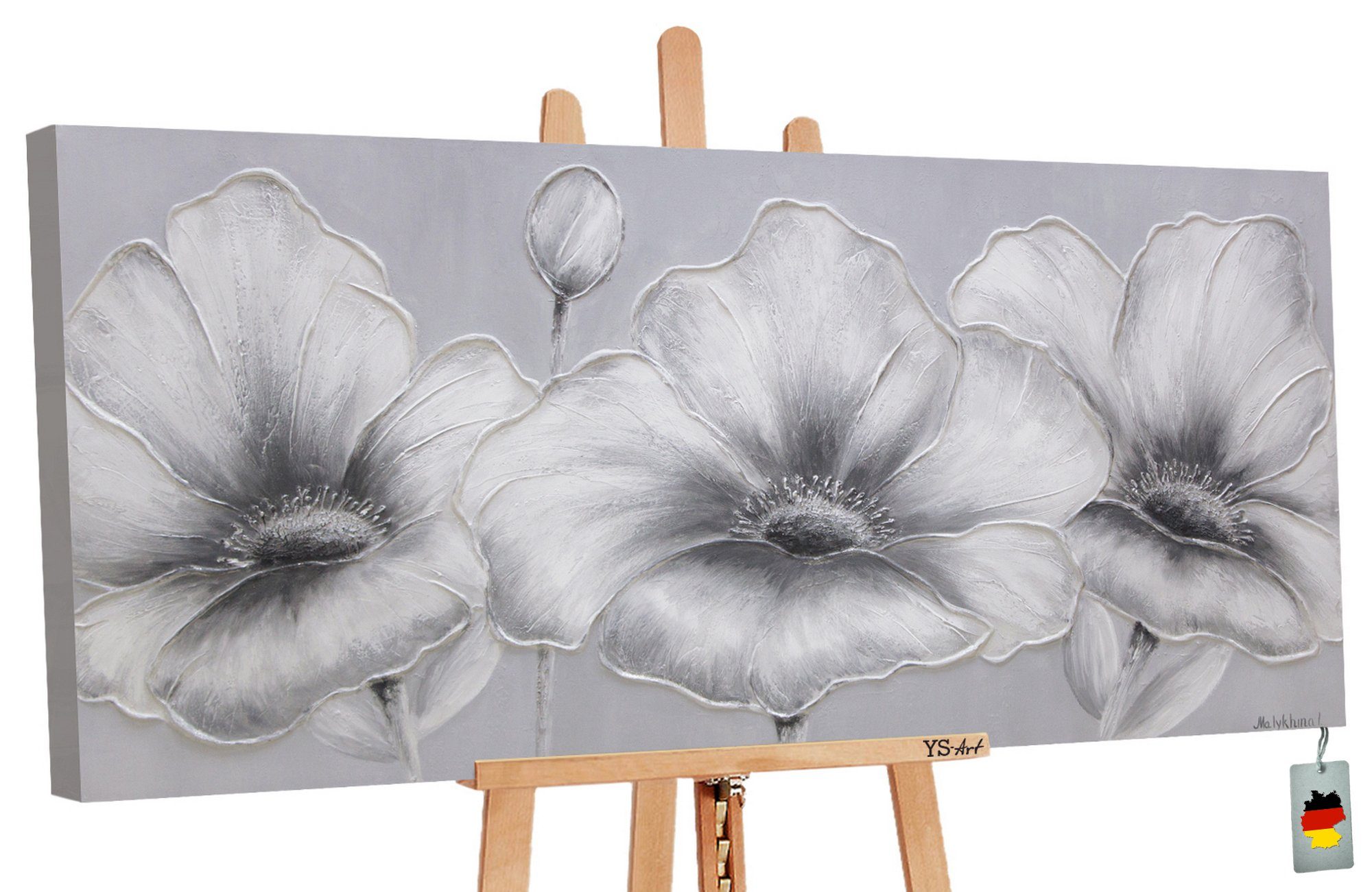 YS-Art Gemälde Blumen, Blumen, auf Handgemalt Schwarz Weiß Bild Leinwand Blumen Grau