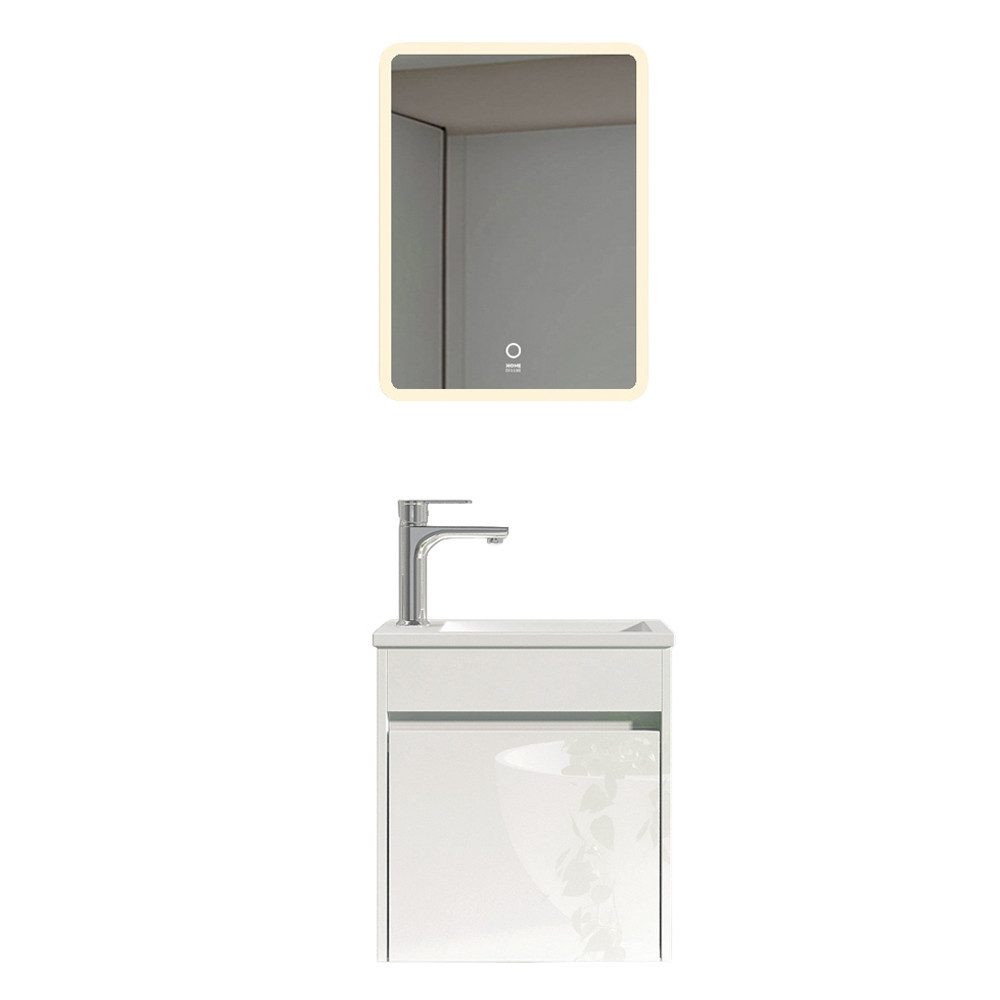 HOME DELUXE Badmöbel-Set BORKUM, (bestehend aus LED-Spiegel, Keramik-Waschbecken, Waschbeckenschrank), Hochglanz-Oberfläche, Soft-Close, Badezimmerset, Badmöbel